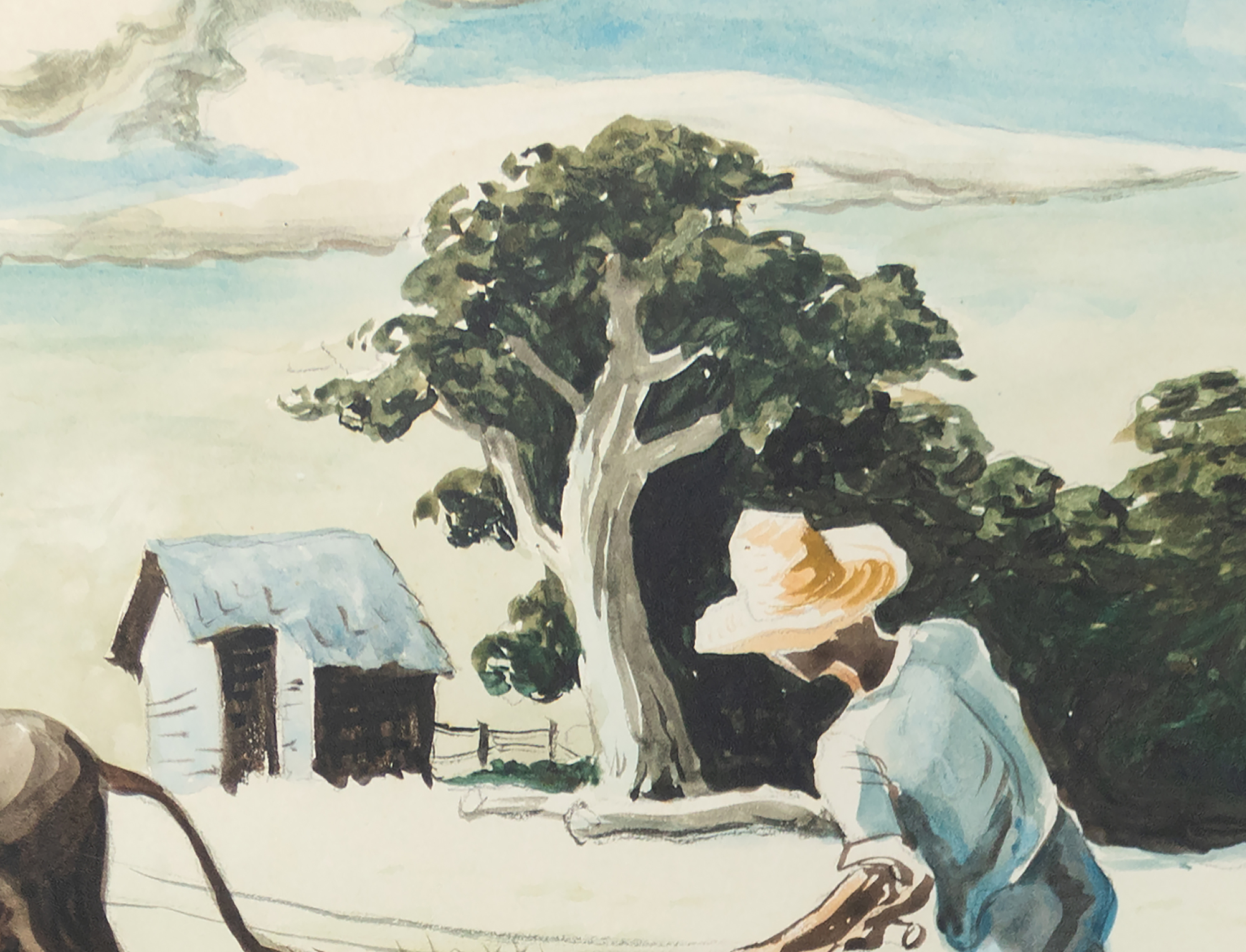 <div>"Planting (Spring Plowing)", a vibrant watercolor and graphite on paper by Thomas Hart Benton, circa 1939-40, embodies the artist’s signature Regionalist style. The work depicts a rural scene where two figures toil in a field, one guiding a plow pulled by a donkey, the other carrying a bucket, sowing seeds under a bright, cloud-streaked sky. The rolling, richly hued earth, painted in warm browns and oranges, contrasts with the lush green foliage and distant trees, while a small structure sits at the horizon, grounding the composition in everyday life. Benton’s dynamic lines and fluid brushwork capture the rhythm of labor and the vitality of spring, infusing the scene with a sense of movement and purpose. </div>
<br>
<br><div> </div>
<br>
<br><div>The reverse image of this artwork was transformed into a lithograph in 1939, with notable examples housed in prestigious museum collections including the Smithsonian American Art Museum, Nelson Atkins Museum of Art, Minneapolis Institute of Art, and the Chazen Museum of Art. This print adaptation underscores the piece’s cultural significance, reflecting Benton’s influence on American art during the Depression era and the resonance of this particular subject celebrating the resilience and harmony of its people with nature. Created with a keen eye for detail and a deep connection to the land, "Planting (Spring Plowing)" showcases Benton’s ability to blend realism with his hallmark muscular style. It is accompanied by two letters written by Thomas Hart Benton to Lon Ramsey, its original owner, and bears an inscription by the artist on the verso.  </div>
