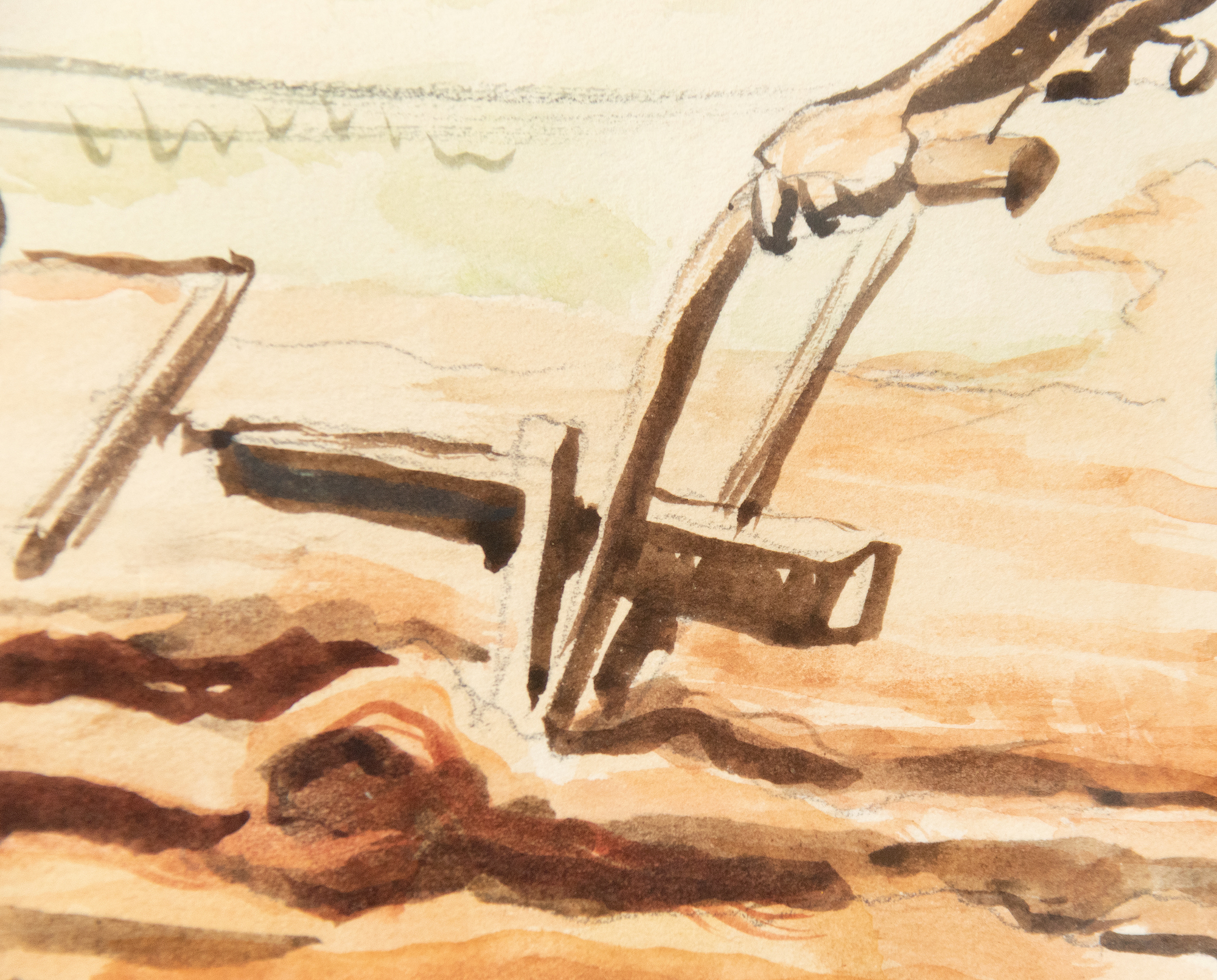 <div>"Planting (Spring Plowing)", a vibrant watercolor and graphite on paper by Thomas Hart Benton, circa 1939-40, embodies the artist’s signature Regionalist style. The work depicts a rural scene where two figures toil in a field, one guiding a plow pulled by a donkey, the other carrying a bucket, sowing seeds under a bright, cloud-streaked sky. The rolling, richly hued earth, painted in warm browns and oranges, contrasts with the lush green foliage and distant trees, while a small structure sits at the horizon, grounding the composition in everyday life. Benton’s dynamic lines and fluid brushwork capture the rhythm of labor and the vitality of spring, infusing the scene with a sense of movement and purpose. </div>
<br>
<br><div> </div>
<br>
<br><div>The reverse image of this artwork was transformed into a lithograph in 1939, with notable examples housed in prestigious museum collections including the Smithsonian American Art Museum, Nelson Atkins Museum of Art, Minneapolis Institute of Art, and the Chazen Museum of Art. This print adaptation underscores the piece’s cultural significance, reflecting Benton’s influence on American art during the Depression era and the resonance of this particular subject celebrating the resilience and harmony of its people with nature. Created with a keen eye for detail and a deep connection to the land, "Planting (Spring Plowing)" showcases Benton’s ability to blend realism with his hallmark muscular style. It is accompanied by two letters written by Thomas Hart Benton to Lon Ramsey, its original owner, and bears an inscription by the artist on the verso.  </div>