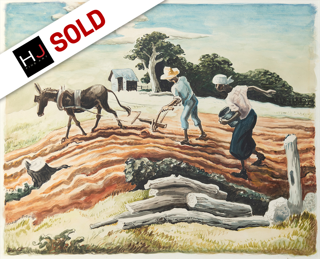 <div>"Planting (Spring Plowing)", a vibrant watercolor and graphite on paper by Thomas Hart Benton, circa 1939-40, embodies the artist’s signature Regionalist style. The work depicts a rural scene where two figures toil in a field, one guiding a plow pulled by a donkey, the other carrying a bucket, sowing seeds under a bright, cloud-streaked sky. The rolling, richly hued earth, painted in warm browns and oranges, contrasts with the lush green foliage and distant trees, while a small structure sits at the horizon, grounding the composition in everyday life. Benton’s dynamic lines and fluid brushwork capture the rhythm of labor and the vitality of spring, infusing the scene with a sense of movement and purpose. </div>
<br>
<br><div> </div>
<br>
<br><div>The reverse image of this artwork was transformed into a lithograph in 1939, with notable examples housed in prestigious museum collections including the Smithsonian American Art Museum, Nelson Atkins Museum of Art, Minneapolis Institute of Art, and the Chazen Museum of Art. This print adaptation underscores the piece’s cultural significance, reflecting Benton’s influence on American art during the Depression era and the resonance of this particular subject celebrating the resilience and harmony of its people with nature. Created with a keen eye for detail and a deep connection to the land, "Planting (Spring Plowing)" showcases Benton’s ability to blend realism with his hallmark muscular style. It is accompanied by two letters written by Thomas Hart Benton to Lon Ramsey, its original owner, and bears an inscription by the artist on the verso.  </div>