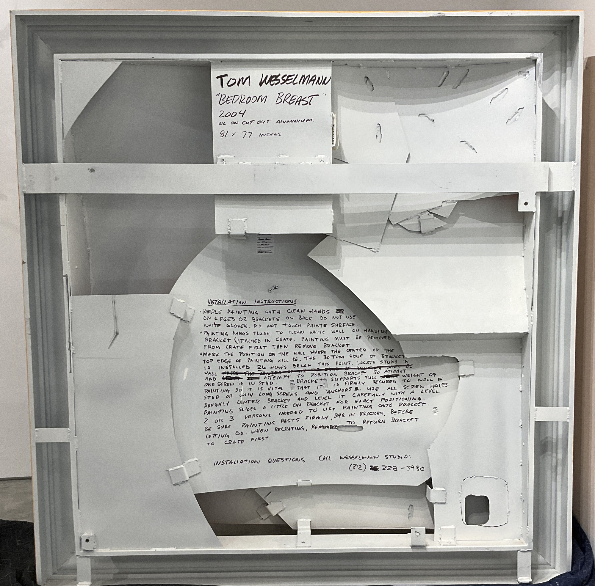 Tom Wesselmann was a leader of the Pop Art movement. He is best remembered for large-scale works, including his Great American Nude series, in which Wesselmann combined sensual imagery with everyday objects depicted in bold and vibrant colors. As he developed in his practice, Wesselmann grew beyond the traditional canvas format and began creating shaped canvases and aluminum cut-outs that often functioned as sculptural drawings. Continuing his interest in playing with scale, Wesselmann began focusing more closely on the body parts that make up his nudes. He created his Mouth series and his Bedroom series in which particular elements, rather than the entire sitter, become the focus.<br> <br>Bedroom Breast (2004) combines these techniques, using vivid hues painted on cut-out aluminum. The work was a special commission for a private collector's residence, and the idea of a bedroom breast piece in oil on 3-D cut-out aluminum was one Wesselmann had been working with for many years prior to this work's creation. The current owner of the piece believed in Wesselmann's vision and loved the idea of bringing the subject to his home.<br><br>It's one of, if not the last, piece Wesselmann completed before he passed away. The present work is the only piece of its kind - there has never been an oil on aluminum in 3D at this scale or of this iconography.  