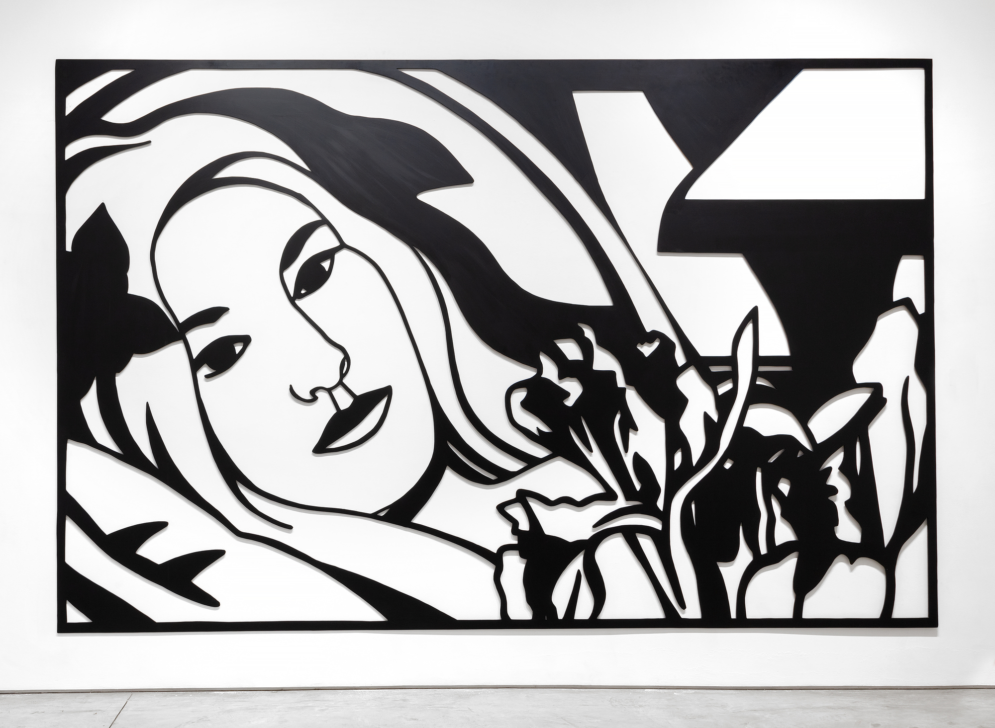 Tom Wesselmann will undoubtedly be remembered for associating his erotic themes with the colors of the American flag. But Wesselmann had considerable gifts as a draftsman, and the line was his principal preoccupation, first as a cartoonist and later as an ardent admirer of Matisse. That he also pioneered a method of turning drawings into laser-cut steel wall reliefs proved a revelation. He began to focus ever more on drawing for the sake of drawing, enchanted that the new medium could be lifted and held: “It really is like being able to pick up a delicate line drawing from the paper.”<br><br>The Steel Drawings caused both excitement and confusion in the art world. After acquiring one of the ground-breaking works in 1985, the Whitney Museum of American Art wrote Wesselmann wondering if it should be cataloged as a drawing or a sculpture. The work had caused such a stir that when Eric Fischl visited Wesselmann at his studio and saw steel-cut works for the first time, he remembered feeling jealous. He wanted to try it but dared not. It was clear: ‘Tom owned the technique completely.’<br><br>Wesselmann owed much of that technique to his year-long collaboration with metalwork fabricator Alfred Lippincott. Together, in 1984 they honed a method for cutting the steel with a laser that provided the precision he needed to show the spontaneity of his sketches. Wesselmann called it ‘the best year of my life’, elated at the results that he never fully achieved with aluminum that required each shape be hand-cut.  “I anticipated how exciting it would be for me to get a drawing back in steel. I could hold it in my hands. I could pick it up by the lines…it was so exciting…a kind of near ecstasy, anyway, but there’s really been something about the new work that grabbed me.”<br><br>Bedroom Brunette with Irises is a Steel Drawing masterwork that despite its uber-generous scale, utilizes tight cropping to provide an unimposing intimacy while maintaining a free and spontaneous quality. The figure’s outstretched arms and limbs and body intertwine with the petals and the interior elements providing a flowing investigative foray of black lines and white ‘drop out’ shapes provided by the wall. It recalls Matisse and any number of his reclining odalisque paintings. Wesselmann often tested monochromatic values to discover the extent to which color would transform his hybrid objects into newly developed Steel Drawing works and, in this case, continued with a color steel-cut version of the composition Bedroom Blonde with Irises (1987) and later still, in 1993 with a large-scale drawing in charcoal and pastel on paper.