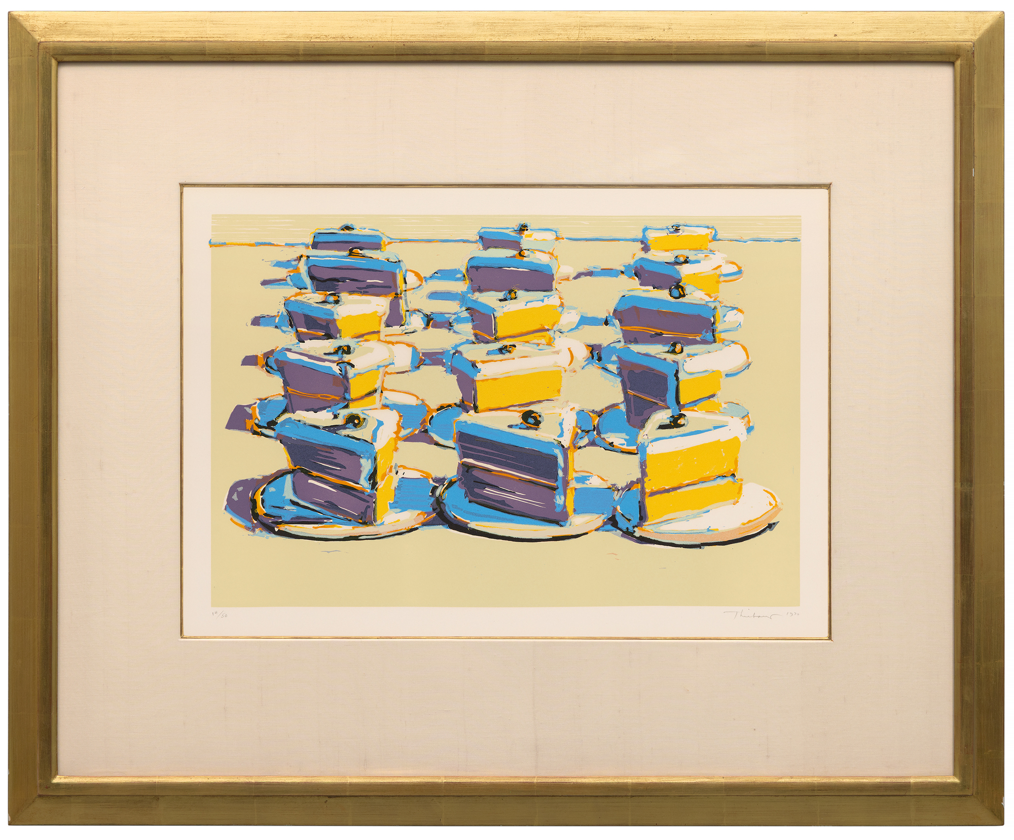 WAYNE THIEBAUD - Boston Cremes <div><font face=Lato size=3 color=black>Wayne Thiebaud’s <em>Boston Cremes</em> (1970–71) forms part of the artist’s portfolio <em>Seven Still Lifes and a Silver Landscape</em>. Signed and dated by the artist in 1970, the print has not previously appeared at auction. Thiebaud, a central figure in Post-War American art, is celebrated for his luminous depictions of everyday objects, most notably desserts and consumer goods, that situate him at the intersection of Pop Art’s engagement with mass culture and a painterly sensibility indebted to Impressionism.</font></div>
<br>
<br><div> </div>
<br>
<br><div><font face=Lato size=3 color=black>Decadent rows of chocolate-topped pastries are presented in neat sequence, echoing the logic of bakery displays while transforming a familiar confection into a cultural icon. Within the apparent uniformity, subtle variations in contour, texture, and shading emerge, inviting close attention to the individuality of each form.</font></div>
<br>
<br><div> </div>
<br>
<br><div><font face=Lato size=3 color=black>Rendered in bright, pastel grounds offset by rich browns, yellows, and creams, the image exemplifies Thiebaud’s distinctive use of color, particularly his shadows infused with unexpected blues and purples. These chromatic choices lend vibrancy and a sense of light to ordinary subjects, elevating them into objects of contemplation.</font></div>
<br>
<br><div><font face=Lato size=3> </font></div>
<br>
<br><div><font face=Lato size=3 color=black>At once nostalgic and critical, <em>Boston Cremes</em> reflects the artist’s engagement with American consumer culture and his distinctive balance between realism and stylization. Transforming familiar confections into enduring symbols of American life, the work evokes memory while challenging the boundaries between fine art and popular imagery.</font></div>