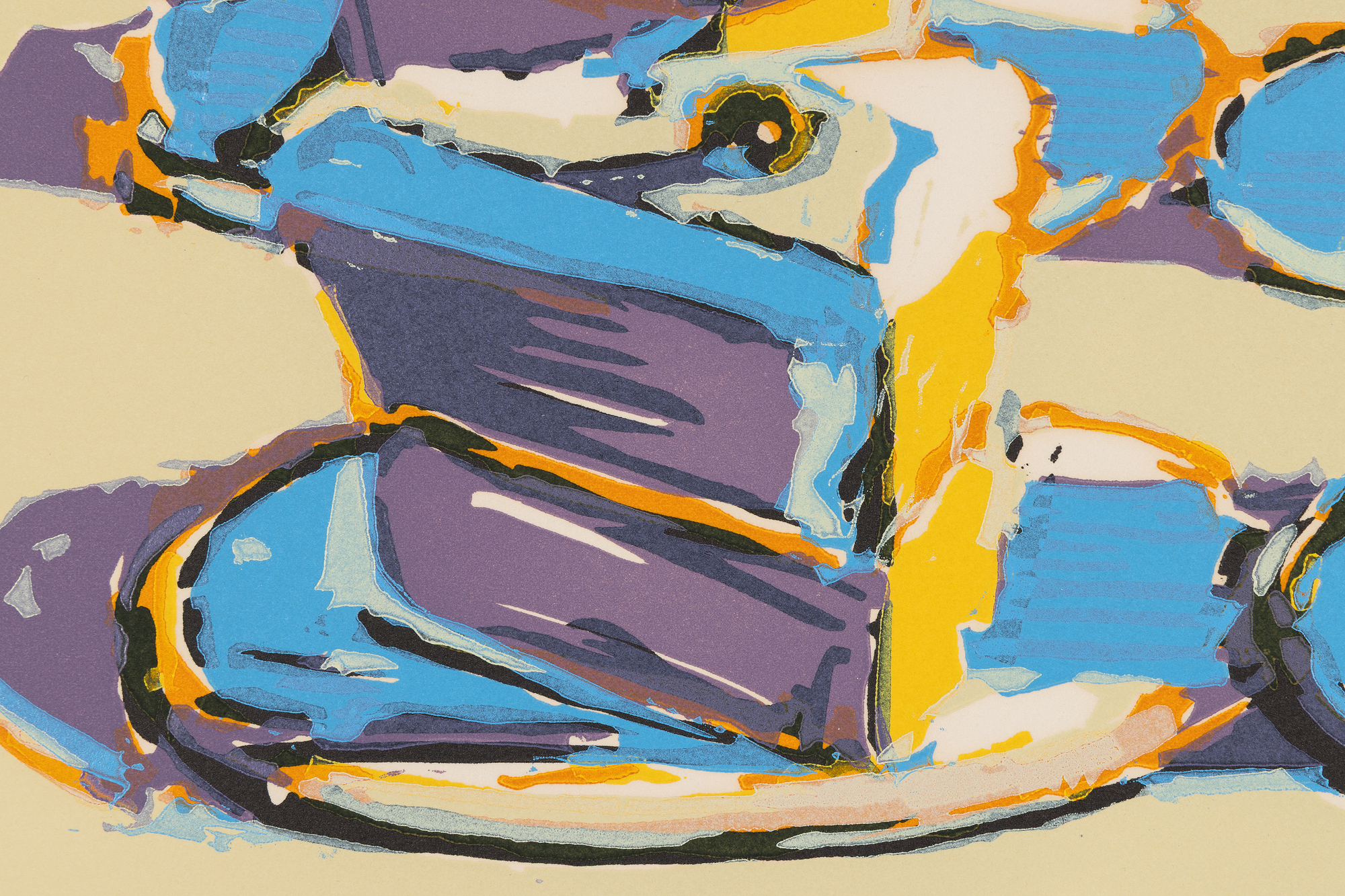 WAYNE THIEBAUD - Boston Cremes <div><font face=Lato size=3 color=black>Wayne Thiebaud’s <em>Boston Cremes</em> (1970–71) forms part of the artist’s portfolio <em>Seven Still Lifes and a Silver Landscape</em>. Signed and dated by the artist in 1970, the print has not previously appeared at auction. Thiebaud, a central figure in Post-War American art, is celebrated for his luminous depictions of everyday objects, most notably desserts and consumer goods, that situate him at the intersection of Pop Art’s engagement with mass culture and a painterly sensibility indebted to Impressionism.</font></div>
<br>
<br><div> </div>
<br>
<br><div><font face=Lato size=3 color=black>Decadent rows of chocolate-topped pastries are presented in neat sequence, echoing the logic of bakery displays while transforming a familiar confection into a cultural icon. Within the apparent uniformity, subtle variations in contour, texture, and shading emerge, inviting close attention to the individuality of each form.</font></div>
<br>
<br><div> </div>
<br>
<br><div><font face=Lato size=3 color=black>Rendered in bright, pastel grounds offset by rich browns, yellows, and creams, the image exemplifies Thiebaud’s distinctive use of color, particularly his shadows infused with unexpected blues and purples. These chromatic choices lend vibrancy and a sense of light to ordinary subjects, elevating them into objects of contemplation.</font></div>
<br>
<br><div><font face=Lato size=3> </font></div>
<br>
<br><div><font face=Lato size=3 color=black>At once nostalgic and critical, <em>Boston Cremes</em> reflects the artist’s engagement with American consumer culture and his distinctive balance between realism and stylization. Transforming familiar confections into enduring symbols of American life, the work evokes memory while challenging the boundaries between fine art and popular imagery.</font></div>