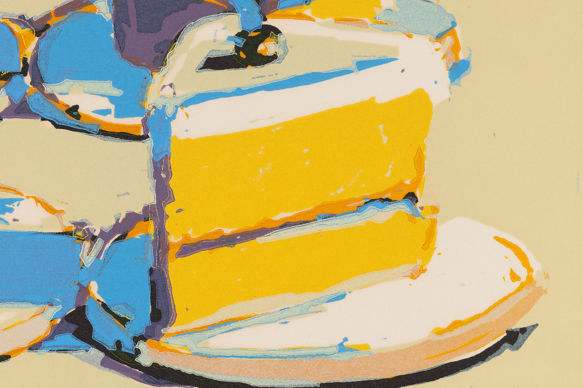 WAYNE THIEBAUD - Boston Cremes <div><font face=Lato size=3 color=black>Wayne Thiebaud’s <em>Boston Cremes</em> (1970–71) forms part of the artist’s portfolio <em>Seven Still Lifes and a Silver Landscape</em>. Signed and dated by the artist in 1970, the print has not previously appeared at auction. Thiebaud, a central figure in Post-War American art, is celebrated for his luminous depictions of everyday objects, most notably desserts and consumer goods, that situate him at the intersection of Pop Art’s engagement with mass culture and a painterly sensibility indebted to Impressionism.</font></div>
<br>
<br><div> </div>
<br>
<br><div><font face=Lato size=3 color=black>Decadent rows of chocolate-topped pastries are presented in neat sequence, echoing the logic of bakery displays while transforming a familiar confection into a cultural icon. Within the apparent uniformity, subtle variations in contour, texture, and shading emerge, inviting close attention to the individuality of each form.</font></div>
<br>
<br><div> </div>
<br>
<br><div><font face=Lato size=3 color=black>Rendered in bright, pastel grounds offset by rich browns, yellows, and creams, the image exemplifies Thiebaud’s distinctive use of color, particularly his shadows infused with unexpected blues and purples. These chromatic choices lend vibrancy and a sense of light to ordinary subjects, elevating them into objects of contemplation.</font></div>
<br>
<br><div><font face=Lato size=3> </font></div>
<br>
<br><div><font face=Lato size=3 color=black>At once nostalgic and critical, <em>Boston Cremes</em> reflects the artist’s engagement with American consumer culture and his distinctive balance between realism and stylization. Transforming familiar confections into enduring symbols of American life, the work evokes memory while challenging the boundaries between fine art and popular imagery.</font></div>