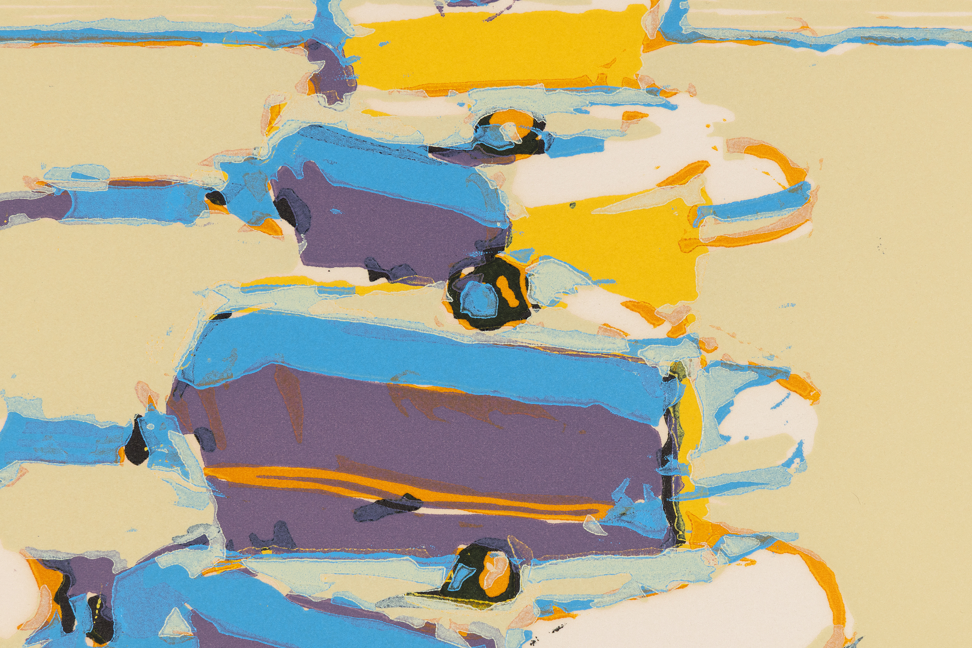 WAYNE THIEBAUD - Boston Cremes <div><font face=Lato size=3 color=black>Wayne Thiebaud’s <em>Boston Cremes</em> (1970–71) forms part of the artist’s portfolio <em>Seven Still Lifes and a Silver Landscape</em>. Signed and dated by the artist in 1970, the print has not previously appeared at auction. Thiebaud, a central figure in Post-War American art, is celebrated for his luminous depictions of everyday objects, most notably desserts and consumer goods, that situate him at the intersection of Pop Art’s engagement with mass culture and a painterly sensibility indebted to Impressionism.</font></div>
<br>
<br><div> </div>
<br>
<br><div><font face=Lato size=3 color=black>Decadent rows of chocolate-topped pastries are presented in neat sequence, echoing the logic of bakery displays while transforming a familiar confection into a cultural icon. Within the apparent uniformity, subtle variations in contour, texture, and shading emerge, inviting close attention to the individuality of each form.</font></div>
<br>
<br><div> </div>
<br>
<br><div><font face=Lato size=3 color=black>Rendered in bright, pastel grounds offset by rich browns, yellows, and creams, the image exemplifies Thiebaud’s distinctive use of color, particularly his shadows infused with unexpected blues and purples. These chromatic choices lend vibrancy and a sense of light to ordinary subjects, elevating them into objects of contemplation.</font></div>
<br>
<br><div><font face=Lato size=3> </font></div>
<br>
<br><div><font face=Lato size=3 color=black>At once nostalgic and critical, <em>Boston Cremes</em> reflects the artist’s engagement with American consumer culture and his distinctive balance between realism and stylization. Transforming familiar confections into enduring symbols of American life, the work evokes memory while challenging the boundaries between fine art and popular imagery.</font></div>