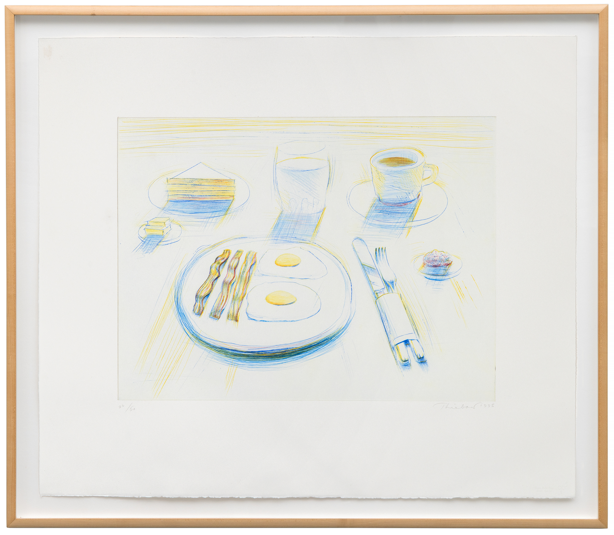 <div><font face=Lato size=3 color=black>Wayne Thiebaud’s <em>Breakfast</em>, from an edition of 50, demonstrates the artist’s signature blend of Pop-inflected realism and painterly intimacy. Executed in colored drypoint, the work captures the simple subject of a morning meal with a remarkable freshness: hatching lines soften and blur the composition, creating a pastel-like effect that distinguishes it from the crispness of commercial print design. Though slightly faded, the impression retains the playful chromatic sensibility and softly modeled shadowing that became hallmarks of Thiebaud’s style.</font></div><br><br><div><font face=Lato size=3>&nbsp;</font></div><br><br><div><font face=Lato size=3 color=black>Since the early 1960s, Thiebaud has been celebrated for his depictions of food—cakes, pies, gumball machines, and diner counters—rendered not as literal meals but as cultural icons, at once nostalgic and idealized. In <em>Breakfast</em>, the modest meal is transformed into a subject of contemplation and delight, celebrating the pleasures of everyday American life while evoking memory and desire. The combination of precision and informality speaks to Thiebaud’s ability to merge the immediacy of drawing with the enduring resonance of painting.</font></div><br><br><div><font face=Lato size=3>&nbsp;</font></div><br><br><div><font face=Lato size=3 color=black>Institutional recognition of the work’s importance is reflected in its inclusion within the National Gallery of Art, Washington, affirming its role within Thiebaud’s larger project of elevating common objects into images of enduring cultural significance.</font></div>