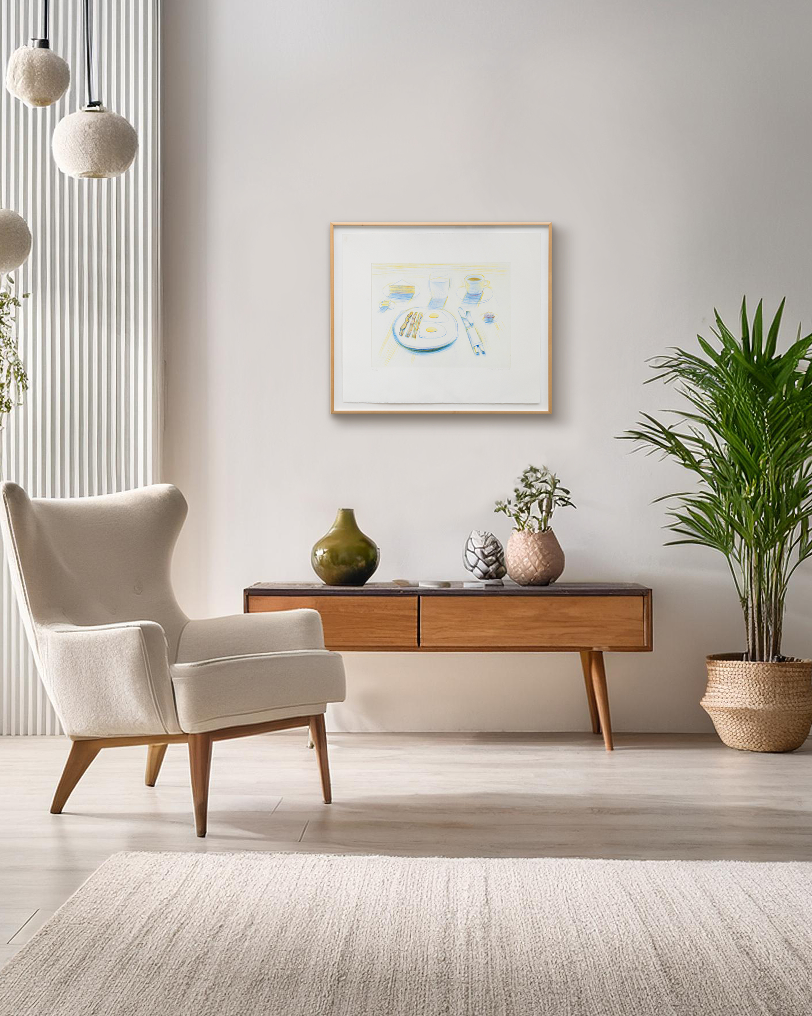 <div><font face=Lato size=3 color=black>Wayne Thiebaud’s <em>Breakfast</em>, from an edition of 50, demonstrates the artist’s signature blend of Pop-inflected realism and painterly intimacy. Executed in colored drypoint, the work captures the simple subject of a morning meal with a remarkable freshness: hatching lines soften and blur the composition, creating a pastel-like effect that distinguishes it from the crispness of commercial print design. Though slightly faded, the impression retains the playful chromatic sensibility and softly modeled shadowing that became hallmarks of Thiebaud’s style.</font></div><br><br><div><font face=Lato size=3>&nbsp;</font></div><br><br><div><font face=Lato size=3 color=black>Since the early 1960s, Thiebaud has been celebrated for his depictions of food—cakes, pies, gumball machines, and diner counters—rendered not as literal meals but as cultural icons, at once nostalgic and idealized. In <em>Breakfast</em>, the modest meal is transformed into a subject of contemplation and delight, celebrating the pleasures of everyday American life while evoking memory and desire. The combination of precision and informality speaks to Thiebaud’s ability to merge the immediacy of drawing with the enduring resonance of painting.</font></div><br><br><div><font face=Lato size=3>&nbsp;</font></div><br><br><div><font face=Lato size=3 color=black>Institutional recognition of the work’s importance is reflected in its inclusion within the National Gallery of Art, Washington, affirming its role within Thiebaud’s larger project of elevating common objects into images of enduring cultural significance.</font></div>