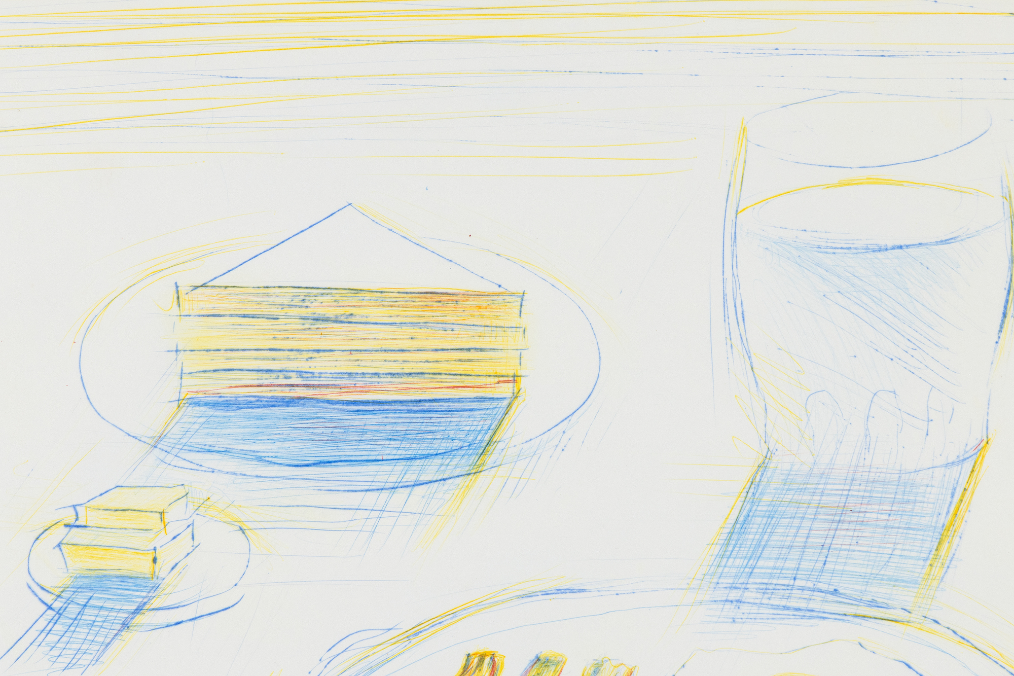 <div><font face=Lato size=3 color=black>Wayne Thiebaud’s <em>Breakfast</em>, from an edition of 50, demonstrates the artist’s signature blend of Pop-inflected realism and painterly intimacy. Executed in colored drypoint, the work captures the simple subject of a morning meal with a remarkable freshness: hatching lines soften and blur the composition, creating a pastel-like effect that distinguishes it from the crispness of commercial print design. Though slightly faded, the impression retains the playful chromatic sensibility and softly modeled shadowing that became hallmarks of Thiebaud’s style.</font></div><br><br><div><font face=Lato size=3>&nbsp;</font></div><br><br><div><font face=Lato size=3 color=black>Since the early 1960s, Thiebaud has been celebrated for his depictions of food—cakes, pies, gumball machines, and diner counters—rendered not as literal meals but as cultural icons, at once nostalgic and idealized. In <em>Breakfast</em>, the modest meal is transformed into a subject of contemplation and delight, celebrating the pleasures of everyday American life while evoking memory and desire. The combination of precision and informality speaks to Thiebaud’s ability to merge the immediacy of drawing with the enduring resonance of painting.</font></div><br><br><div><font face=Lato size=3>&nbsp;</font></div><br><br><div><font face=Lato size=3 color=black>Institutional recognition of the work’s importance is reflected in its inclusion within the National Gallery of Art, Washington, affirming its role within Thiebaud’s larger project of elevating common objects into images of enduring cultural significance.</font></div>
