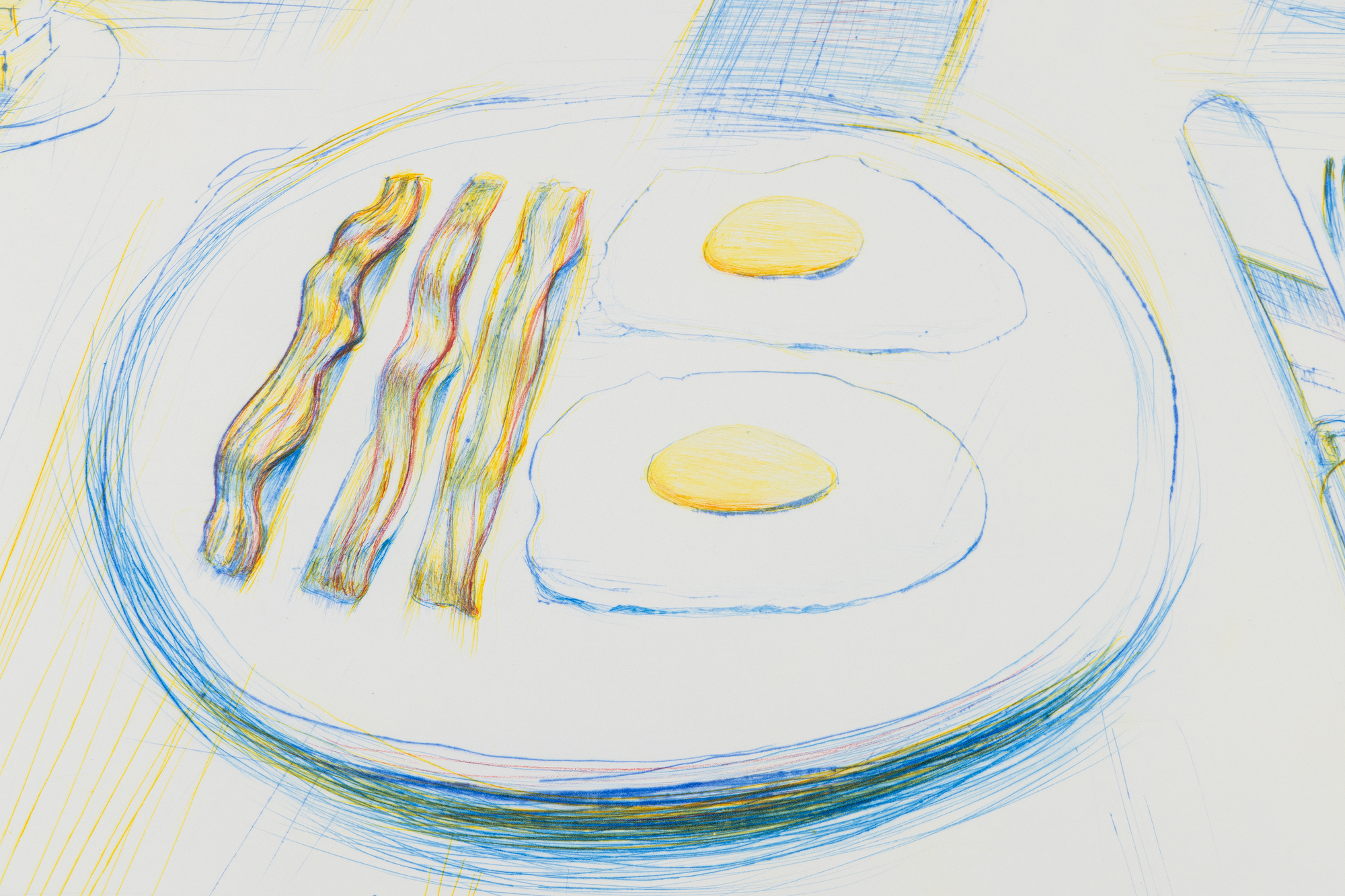 <div><font face=Lato size=3 color=black>Wayne Thiebaud’s <em>Breakfast</em>, from an edition of 50, demonstrates the artist’s signature blend of Pop-inflected realism and painterly intimacy. Executed in colored drypoint, the work captures the simple subject of a morning meal with a remarkable freshness: hatching lines soften and blur the composition, creating a pastel-like effect that distinguishes it from the crispness of commercial print design. Though slightly faded, the impression retains the playful chromatic sensibility and softly modeled shadowing that became hallmarks of Thiebaud’s style.</font></div><br><br><div><font face=Lato size=3>&nbsp;</font></div><br><br><div><font face=Lato size=3 color=black>Since the early 1960s, Thiebaud has been celebrated for his depictions of food—cakes, pies, gumball machines, and diner counters—rendered not as literal meals but as cultural icons, at once nostalgic and idealized. In <em>Breakfast</em>, the modest meal is transformed into a subject of contemplation and delight, celebrating the pleasures of everyday American life while evoking memory and desire. The combination of precision and informality speaks to Thiebaud’s ability to merge the immediacy of drawing with the enduring resonance of painting.</font></div><br><br><div><font face=Lato size=3>&nbsp;</font></div><br><br><div><font face=Lato size=3 color=black>Institutional recognition of the work’s importance is reflected in its inclusion within the National Gallery of Art, Washington, affirming its role within Thiebaud’s larger project of elevating common objects into images of enduring cultural significance.</font></div>