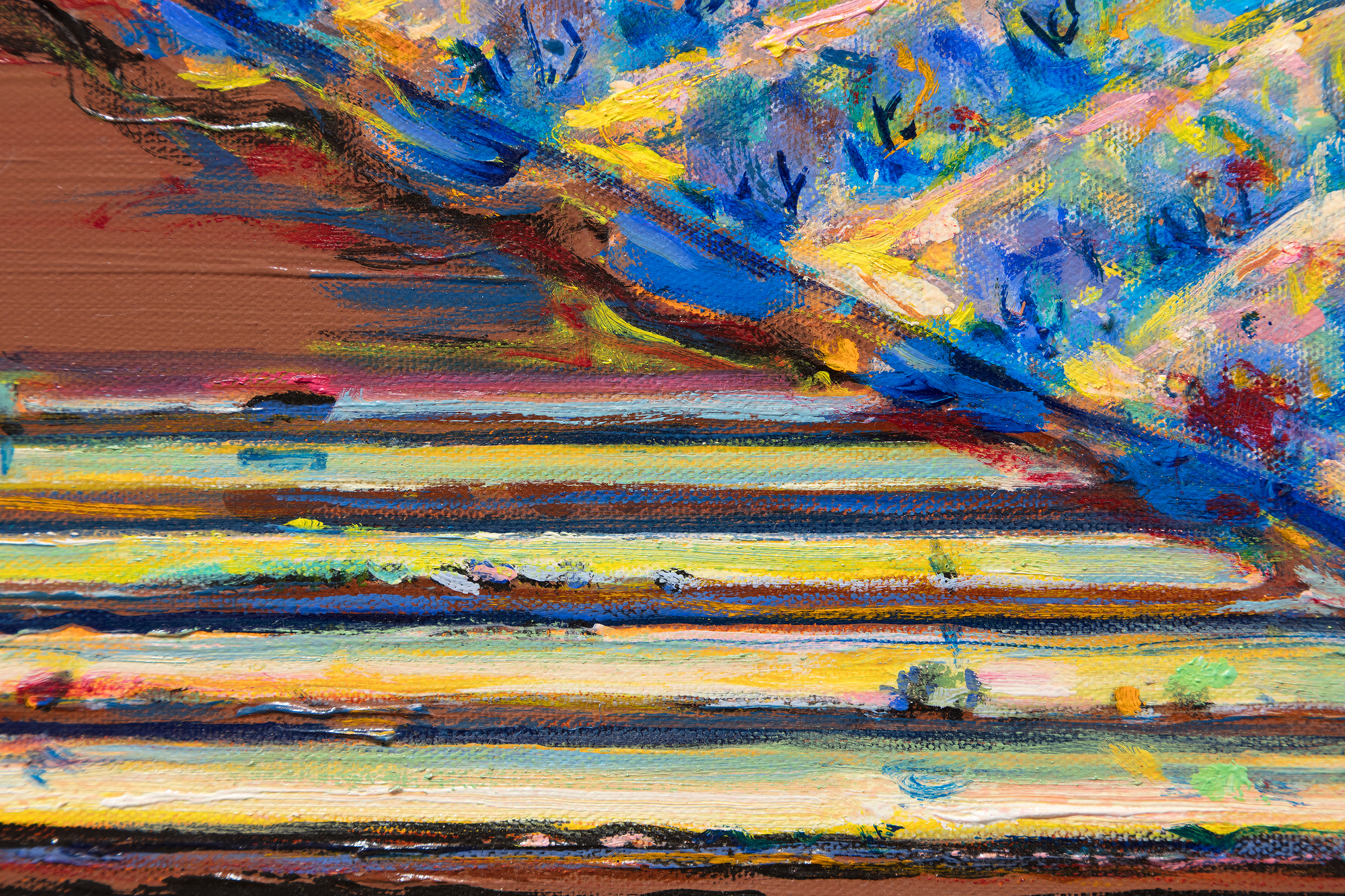 WAYNE THIEBAUD - The Riverhouse <div>When forty rural Sacramento Delta landscapes by Wayne Thiebaud were unveiled at a San Francisco gallery opening in November 1997, attendees were amazed by paintings they never anticipated. This new frontier betrayed neither Thiebaud’s mastery of confectionary-shop colors nor his impeccable eye for formal relationships. Rather, his admirers were shocked to learn that all but seven of these forty interpretations had been completed in just two years. As his son Paul recalled, “the refinements of my father’s artistic process were ever changing in a chameleon-like frenzy.” The new direction had proved an exhilarating experience, each painting an affirmation of Wayne Thiebaud’s impassioned response to the fields and levees of the local environment he dearly loved. </div>
<br>
<br><div> </div>
<br>
<br><div>Viewed from the perspective of a bird or a plane, "The Riverhouse" is an agrarian tapestry conceived with a kaleidoscopic range of shapes and simple forms; fields striped with furrows or striated fans, deliriously colored parallelograms and trapezoids, an orchard garnished pizza-shaped wedge, and a boldly limned river, the lifeline of a thirsty California central valley largely dependent upon transported water. "The Riverhouse" is a painting that ‘moves’ between seamlessly shifting planes of aerial mapping that recalls Richard Diebenkorn’s stroke of insight when he took his first commercial flight the spring of 1951, and those partitions engaging a more standard vanishing point perspective. Thiebaud explained his process as “orchestrating with as much variety and tempo as I can.” Brightly lit with a fauve-like intensity, "The Riverhouse" is a heady concoction of vibrant pigment and rich impasto, one that recalls his indebtedness to Pierre Bonnard whose color Thiebaud referred to as “a bucket full of hot coals and ice cubes.” Among his many other influences, the insertion of objects — often tiny — that defy a rational sense of scale that reflects his interest in Chinese landscape painting. As always, his mastery as a painter recalls his titular pies and cakes with their bewitching rainbow-like halos and side-by-side colors of equal intensity but differing in hues to create the vibratory effect of an aura, what Thiebaud explained “denotes an attempt to develop as much energy and light and visual power as you can.” </div>
<br>
<br><div> </div>
<br>
<br><div>Thiebaud’s Sacramento Delta landscapes are an integral and important part of his oeuvre. Paintings such as "The Riverhouse" rival the best abstract art of the twentieth century. His good friend, Willem de Kooning thought so, too.</div>