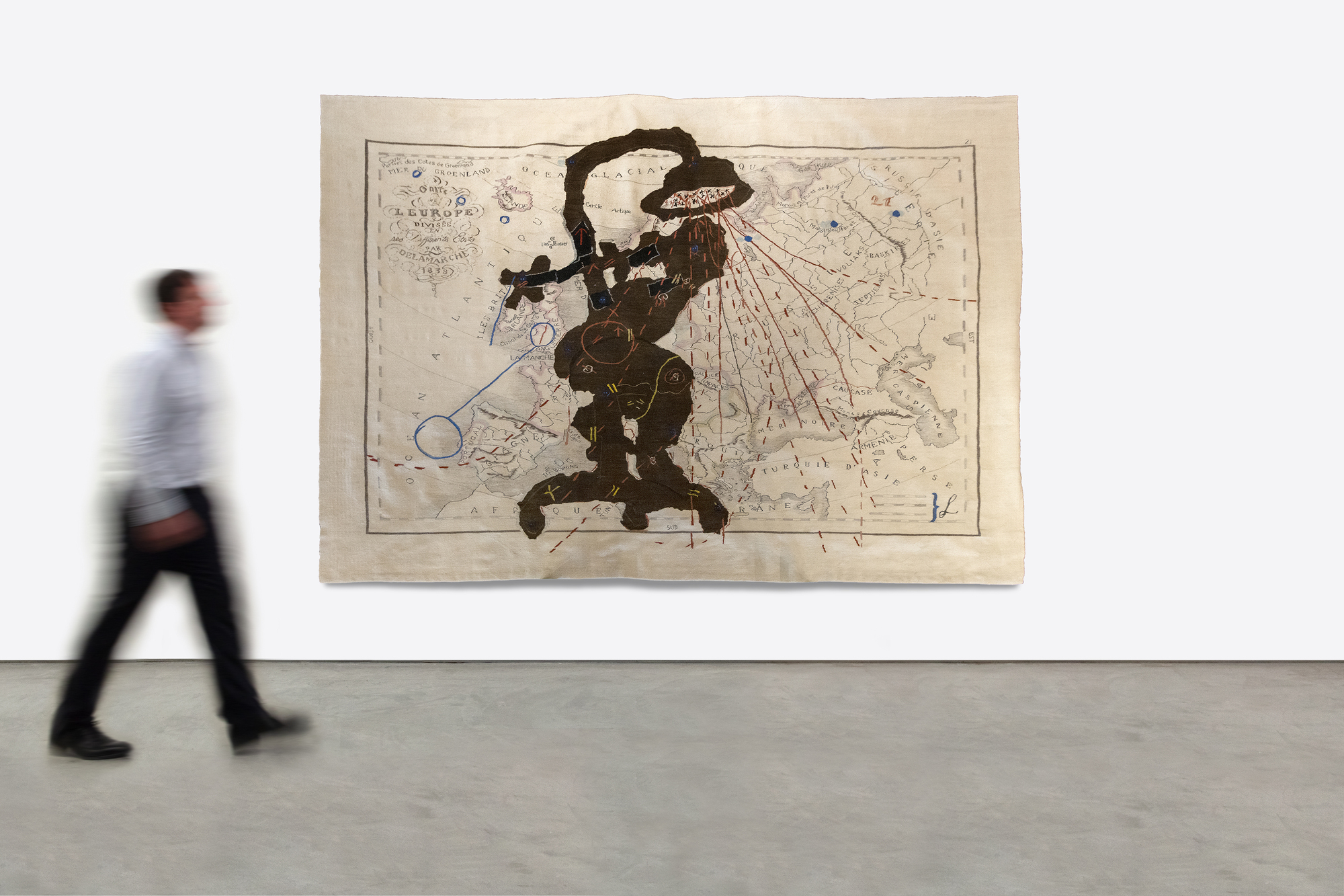 WILLIAM KENTRIDGE - Porter Series: Carte L'Europe (Shower Woman) - mohair and silk embroidered tapestry - 98 3/8 x 137 7/8 in.