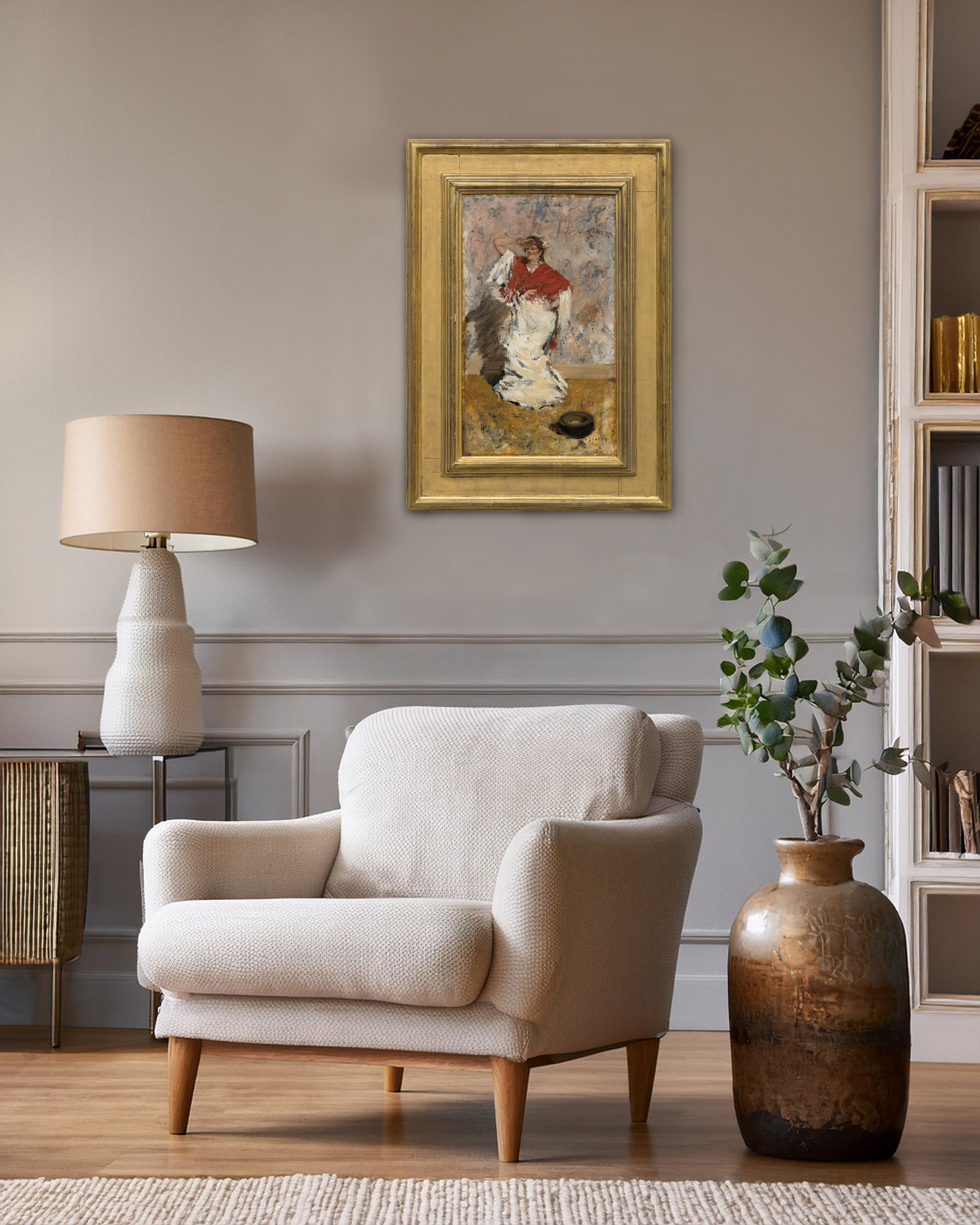 <div><font face=Lato size=3 color=black><em>Dancing Girl</em> dates from 1881 to 1882, a dynamic and exploratory moment in William Merritt Chase’s career when he was actively engaging with European subjects and broadening the expressive range of American painting. The work is included in the Chase catalogue raisonne and reflects the artists fascination with Spanish themes, which many American painters of the period encountered firsthand while studying the masters in the Prado and absorbing the culture, costume, and movement of Spain. Although the painting was later mislabeled by an early owner as an Italian street scene, Chase was in Spain during the summer when this work was created, firmly situating it within his Spanish period.</font></div> <br> <br><div>&nbsp;</div> <br> <br><div><font face=Lato size=3 color=black>The animated single figure captures a woman in motion, a subject that is notably rare within Chases oeuvre and distinct from the more contemplative female figures that dominate his most valuable works. His auction record painting, <em>I Think I Am Ready Now</em> from around 1883, shares the focus on a single female figure from the same period, underscoring the importance of this moment in his artistic development. The present work also relates closely to important institutional examples, including <em>Carmencita</em> from 1885 in the Metropolitan Museum of Art and <em>A Tambourine Player</em> in the Montclair Art Museum, both of which highlight Chases sustained interest in dancers and Spanish costume.</font></div> <br> <br><div>&nbsp;</div> <br> <br><div><font face=Lato size=3 color=black>The painting was held on long term loan to the Museum of Fine Arts Boston from 1906 to 1922, affirming its early institutional recognition. Chase’s Spanish works should be viewed in dialogue with those of John Singer Sargent, whom he met in 1881 while Sargent was developing studies for <em>El Jaleo</em>, as both artists looked to Velázquez for inspiration. <em>Dancing Girl</em> stands as a spirited and uncommon example of Chase portraying a woman at play, capturing movement, rhythm, and cultural immediacy at the height of his European engagement.</font></div> <br> <br><div>&nbsp;</div>