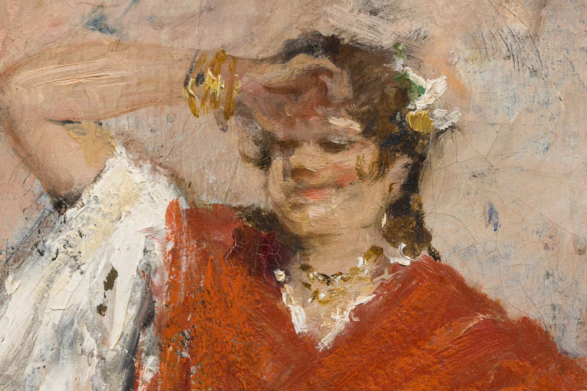 <div><font face=Lato size=3 color=black><em>Dancing Girl</em> dates from 1881 to 1882, a dynamic and exploratory moment in William Merritt Chase’s career when he was actively engaging with European subjects and broadening the expressive range of American painting. The work is included in the Chase catalogue raisonne and reflects the artists fascination with Spanish themes, which many American painters of the period encountered firsthand while studying the masters in the Prado and absorbing the culture, costume, and movement of Spain. Although the painting was later mislabeled by an early owner as an Italian street scene, Chase was in Spain during the summer when this work was created, firmly situating it within his Spanish period.</font></div><br><br><div>&nbsp;</div><br><br><div><font face=Lato size=3 color=black>The animated single figure captures a woman in motion, a subject that is notably rare within Chases oeuvre and distinct from the more contemplative female figures that dominate his most valuable works. His auction record painting, <em>I Think I Am Ready Now</em> from around 1883, shares the focus on a single female figure from the same period, underscoring the importance of this moment in his artistic development. The present work also relates closely to important institutional examples, including <em>Carmencita</em> from 1885 in the Metropolitan Museum of Art and <em>A Tambourine Player</em> in the Montclair Art Museum, both of which highlight Chases sustained interest in dancers and Spanish costume.</font></div><br><br><div>&nbsp;</div><br><br><div><font face=Lato size=3 color=black>The painting was held on long term loan to the Museum of Fine Arts Boston from 1906 to 1922, affirming its early institutional recognition. Chase’s Spanish works should be viewed in dialogue with those of John Singer Sargent, whom he met in 1881 while Sargent was developing studies for <em>El Jaleo</em>, as both artists looked to Velázquez for inspiration. <em>Dancing Girl</em> stands as a spirited and uncommon example of Chase portraying a woman at play, capturing movement, rhythm, and cultural immediacy at the height of his European engagement.</font></div><br><br><div>&nbsp;</div>