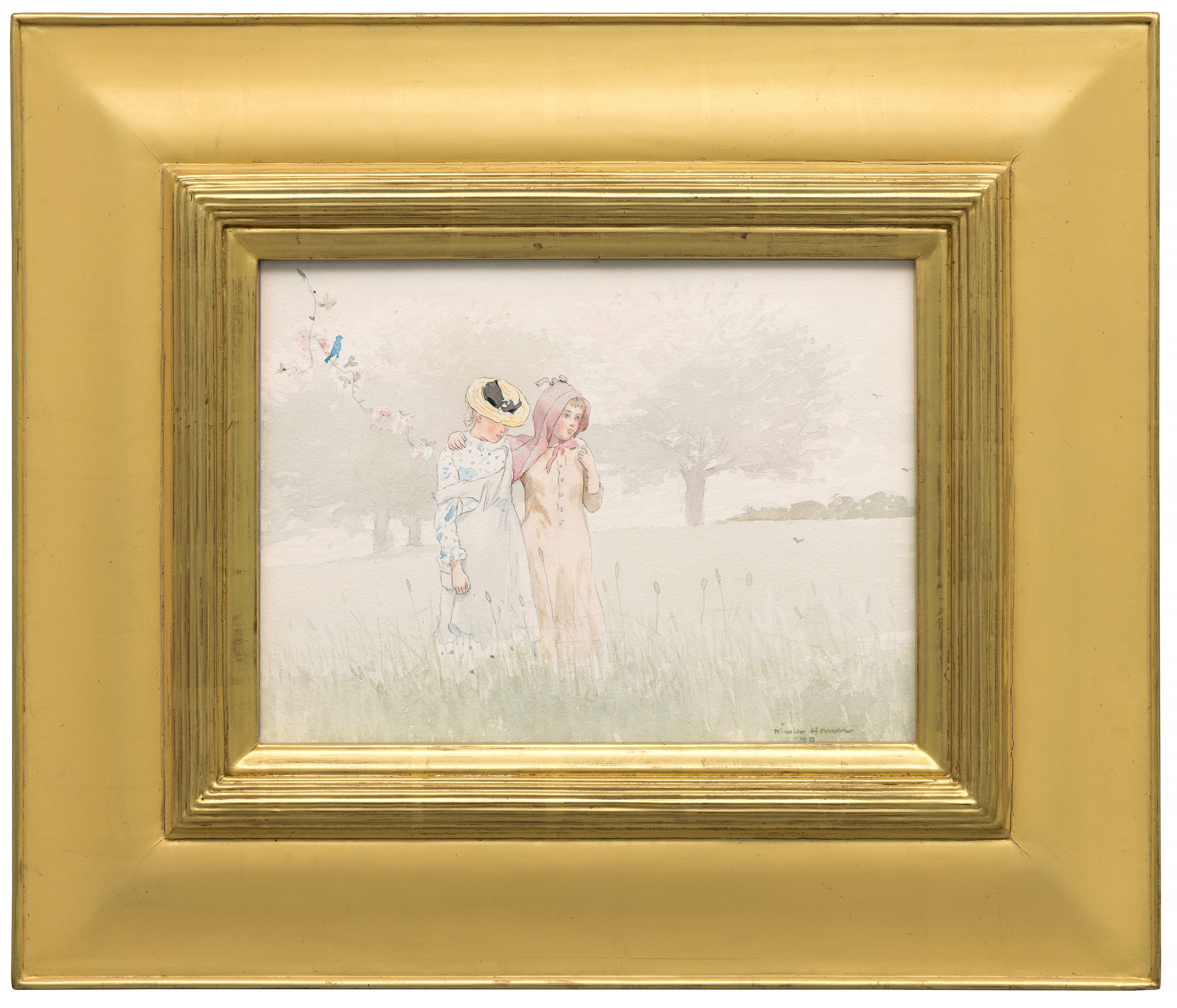 <div><font face=Lato size=3 color=black><em>Houghton Farms (Girls Strolling in an Orchard)</em> belongs to a pivotal moment in Winslow Homers career, created during the late 1870s as he transitioned from the wartime subjects that first brought him acclaim to the watercolor medium and domestic pastoral themes that would secure his place in the American canon. This period marked Homers sustained engagement with Houghton Farm in Mountainville in the Hudson Valley, where he spent extended time with his childhood friend and patron Lawson Valentine. Over these visits Homer produced approximately fifty watercolors, forming one of the most important bodies of early work in the medium. The significance of this output was later celebrated in the 2009 exhibition at Syracuse Art Galleries, <em>Winslow Homers Empire State: Houghton Farm and Beyond</em>.</font></div><br><br><div>&nbsp;</div><br><br><div><font face=Lato size=3 color=black>This watercolor is included in the artists catalogue raisonne and relates closely to other early examples from Houghton Farm, including <em>Fresh Air</em> from 1878 in the collection of the Brooklyn Museum. Its serene orchard scene, rendered with a soft and muted palette, reflects the themes of nostalgia, calm, and peace that define Homer's Restoration period. The transparency of the watercolor medium allows Homer to create a delicate, atmospheric impression of a misty morning, animated by touches of bright color in the figures dress patterns, the bow on a hat, a headwrap, and the bluebird perched on a branch.</font></div><br><br><div>&nbsp;</div><br><br><div><font face=Lato size=3 color=black>The continued importance of Homer's watercolor practice is affirmed by the current exhibition at the Museum of Fine Arts Boston, <em>Of Light and Air: Winslow Homer in Watercolor</em>, which underscores the enduring resonance of works from this transformative period. <em>Houghton Farms (Girls Strolling in an Orchard)</em> stands as a beautifully preserved example from the moment when Homer embraced watercolor as his primary mode of expression, illuminating the quiet lyricism that came to define his mature art.</font></div>
