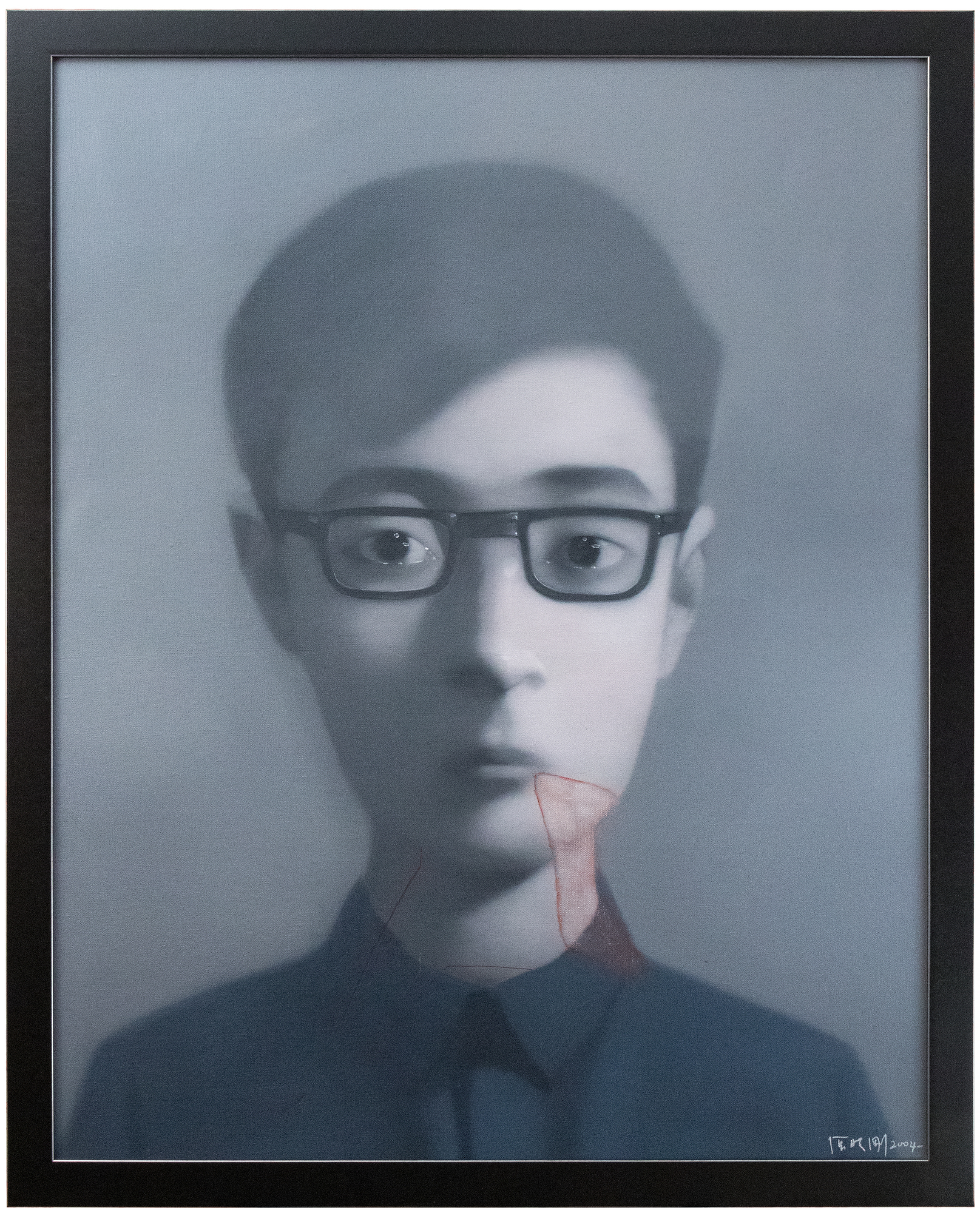 ZHANG XIAOGANG - Portrait of a Boy <div><font face=Aptos size=3 color=black>Chinese contemporary artist Zhang Xiaogang is renowned for his portraits that explore themes of memory, identity, and the collective experiences shaped by China's socio-political history. When China's art scene shifted toward deeper introspection following the 1989 Tiananmen Square incident, Zhang sought a modern artistic language to express personal and historical narratives. His breakthrough arrived with the era-defining <em>Bloodline: Big Family series</em>, inspired by old family photographs, which became central to his work.</font></div>
<br>
<br><div> </div>
<br>
<br><div><font face=Aptos size=3 color=black>Zhang's portraits, such as "<em>Portrait of a Boy</em>," bear the influence of Gerhard Richter's 1960s photo paintings, particularly in the soft, contour-dissolving technique. Yet, Zhang magnifies this effect by dramatically enlarging his postcard-sized source photographs into monumental works that deepen the emotional resonance of his subjects. The style is hauntingly ethereal, with its softened contours and muted palette evoking emotional distance and suppressed tension, an isolated figure suspended between memory and reality. A faint red discharge emanates from the corner of the mouth, trailing over the chin and neck, symbolizing the inescapable ties of family bloodlines. Given Zhang's personal experiences during the Cultural Revolution, this red mark seems to carry the weight of personal and collective struggle, adding a layer of political commentary to his otherwise introspective work. Through these subtle but poignant symbols, Zhang Xiaogang remains a vital voice in contemporary art, addressing the intersections of personal identity and national trauma.</font></div>