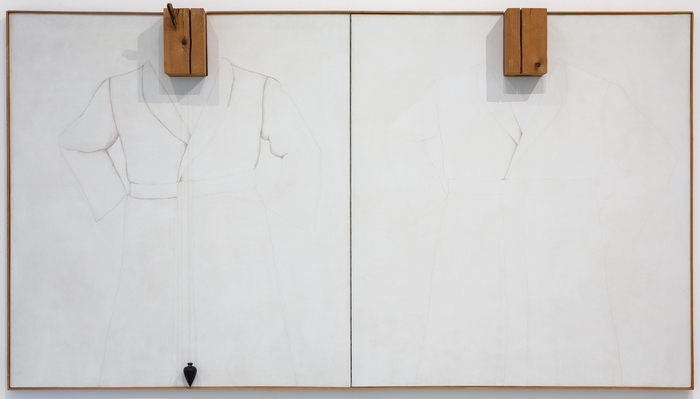 JIM DINE - Double Silver Point Robes Jim Dine was an American Pop artist whose work meditated on objects with childlike appeal to find a universal and nostalgic language. Dine’s robes are among the most recognizable images to have emerged from his long and illustrious career. They were first shown at Sidney Janis gallery in the fall of 1964 – this is one such example. Double Silver Point Robes is a large-scale mixed media assemblage. The work is executed in silverpoint – a technique that utilizes a piece of silver as a drawing instrument over a specially prepared ground by which it oxidizes over a period of months to create a warm brown tone. The two joined canvases feature blocks of wood in place of where the heads should be and a hanging wood element that moves in response to air currents.