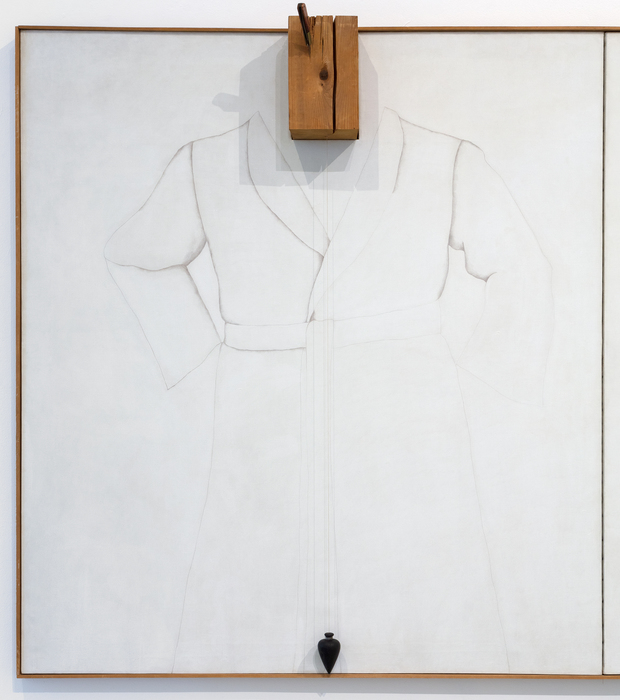 JIM DINE - Double Silver Point Robes Jim Dine was an American Pop artist whose work meditated on objects with childlike appeal to find a universal and nostalgic language. Dine’s robes are among the most recognizable images to have emerged from his long and illustrious career. They were first shown at Sidney Janis gallery in the fall of 1964 – this is one such example. Double Silver Point Robes is a large-scale mixed media assemblage. The work is executed in silverpoint – a technique that utilizes a piece of silver as a drawing instrument over a specially prepared ground by which it oxidizes over a period of months to create a warm brown tone. The two joined canvases feature blocks of wood in place of where the heads should be and a hanging wood element that moves in response to air currents.