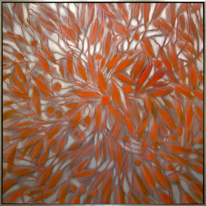 ROSS BLECKNER - West to East Ross Bleckner is a celebrated American painter whose works reference loss, memory, and change such as explorations of the cell during the AIDS epidemic or in response to his father’s cancer diagnosis. The 1965 MoMA exhibition that brought Op Art to the fore, The Responsive Eye and included artists Richard Anuszkiewicz, Tadasky, and Francis Celentano, had a profound influence on him as an artist. This painting, like his other immersive, large-scale works, elicit a powerful, hypnotic, dizzying effect. Aesthetically pleasing, Bleckner’s canvases explore perception – visual, emotional, physical, time. Bleckner is part of the same generation of and friends with Julian Schnabel, David Salle, Eric Fischl, and Peter Halley, all of whom returned painterly technique to the canvas.