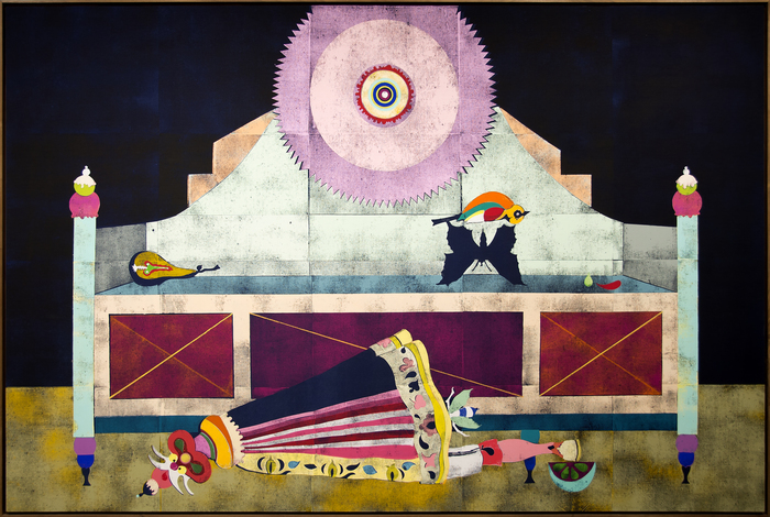 GERT AND UWE TOBIAS - Untitled (GUT/2053) Romanian-born twins Gert and Uwe Tobias (b. 1973) collaborate on projects including woodcuts, sculptures, collages, and drawings. They studied in Germany and live and today work in Cologne. Murals influenced by Socialist-era style mingle with Romanian folklore, myths, and legends to inspire their work.
<br>
<br>Folk art, using decorative motifs such as flowers, plants, patterns, embroidery, and domestic objects, are a recurring theme in the work. Print-making processes create unique works, most often using woodcuts to stamp pigment onto canvases. They are also known for using unconventional objects to create their works (most notably, they have used a typewriter to create drawings).