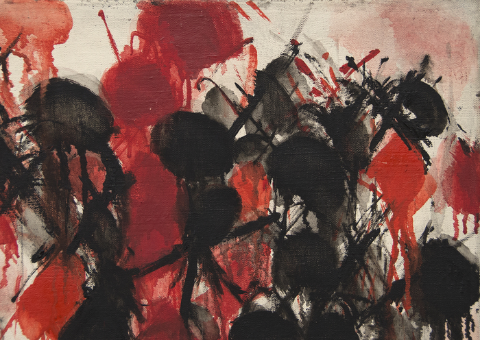 NORMAN BLUHM - Black and Red Norman Bluhm's Black and Red (1953), first owned by fellow artist Sam Francis, is an explosive drip painting that characterizes the artist’s style in the late 1950s. Bluhm's process and resulting work epitomizes the category of Abstract Expressionist painters that earned the moniker "action" painters. The energy and passion present in Bluhm’s work was likely fueled by his experience fighting in World War II. The intensity of his paintings from the decade following the war is one reason why Bluhm’s work from the 1950s are some of the most highly sought-after. The top ten prices for the artist at auction are held by paintings from this era.
