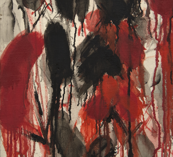 NORMAN BLUHM - Black and Red Norman Bluhm's Black and Red (1953), first owned by fellow artist Sam Francis, is an explosive drip painting that characterizes the artist’s style in the late 1950s. Bluhm's process and resulting work epitomizes the category of Abstract Expressionist painters that earned the moniker "action" painters. The energy and passion present in Bluhm’s work was likely fueled by his experience fighting in World War II. The intensity of his paintings from the decade following the war is one reason why Bluhm’s work from the 1950s are some of the most highly sought-after. The top ten prices for the artist at auction are held by paintings from this era.