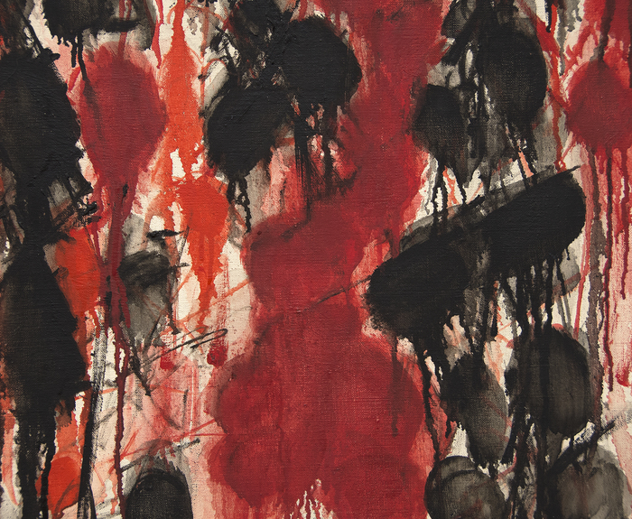 NORMAN BLUHM - Black and Red Norman Bluhm's Black and Red (1953), first owned by fellow artist Sam Francis, is an explosive drip painting that characterizes the artist’s style in the late 1950s. Bluhm's process and resulting work epitomizes the category of Abstract Expressionist painters that earned the moniker "action" painters. The energy and passion present in Bluhm’s work was likely fueled by his experience fighting in World War II. The intensity of his paintings from the decade following the war is one reason why Bluhm’s work from the 1950s are some of the most highly sought-after. The top ten prices for the artist at auction are held by paintings from this era.