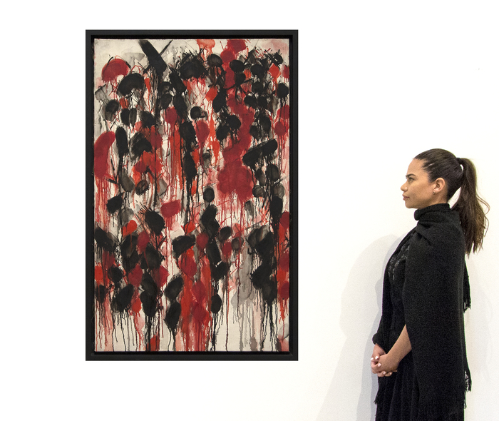 NORMAN BLUHM - Black and Red Norman Bluhm's Black and Red (1953), first owned by fellow artist Sam Francis, is an explosive drip painting that characterizes the artist’s style in the late 1950s. Bluhm's process and resulting work epitomizes the category of Abstract Expressionist painters that earned the moniker "action" painters. The energy and passion present in Bluhm’s work was likely fueled by his experience fighting in World War II. The intensity of his paintings from the decade following the war is one reason why Bluhm’s work from the 1950s are some of the most highly sought-after. The top ten prices for the artist at auction are held by paintings from this era.
