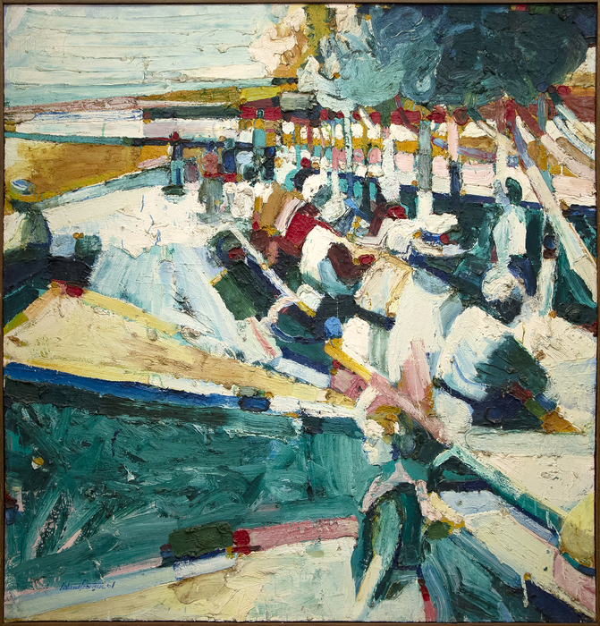 ROLAND PETERSEN - Luncheon Bay Area artist Roland Petersen’s Luncheon is an oil on canvas from 1961, a critical year for his best-known Picnic series. His work from this period is characterized by thick impasto and rich color. Profoundly influenced by studies with Hans Hoffman, Petersen experimented with abstraction, here blending abstract and figurative styles. Painted when Petersen was 35 years old, Luncheon lies within a timeframe that includes his sold-out one-man show in 1962 at Staempfli Gallery, New York, his solo show at Esther-Robles in Los Angeles, and the Guggenheim Fellowship that afforded the opportunity for study in Paris.