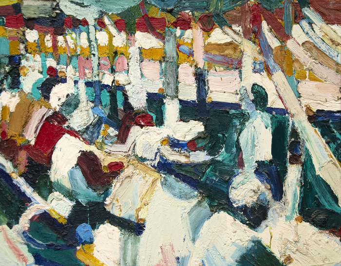 Bay Area artist Roland Petersen’s Luncheon is an oil on canvas from 1961, a critical year for his best-known Picnic series. His work from this period is characterized by thick impasto and rich color. Profoundly influenced by studies with Hans Hoffman, Petersen experimented with abstraction, here blending abstract and figurative styles. Painted when Petersen was 35 years old, Luncheon lies within a timeframe that includes his sold-out one-man show in 1962 at Staempfli Gallery, New York, his solo show at Esther-Robles in Los Angeles, and the Guggenheim Fellowship that afforded the opportunity for study in Paris.