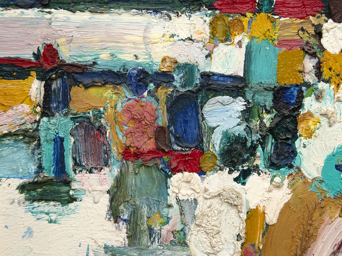 ROLAND PETERSEN - Luncheon Bay Area artist Roland Petersen’s Luncheon is an oil on canvas from 1961, a critical year for his best-known Picnic series. His work from this period is characterized by thick impasto and rich color. Profoundly influenced by studies with Hans Hoffman, Petersen experimented with abstraction, here blending abstract and figurative styles. Painted when Petersen was 35 years old, Luncheon lies within a timeframe that includes his sold-out one-man show in 1962 at Staempfli Gallery, New York, his solo show at Esther-Robles in Los Angeles, and the Guggenheim Fellowship that afforded the opportunity for study in Paris.