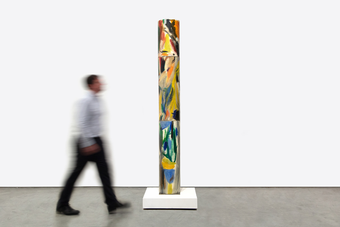 ELAINE DE KOONING - Untitled (Totem Pole) A major figure in both the Abstract Expressionist and American Figurative Expressionist movements of the 1940s and 1950s, Elaine de Kooning's prolific output defied singular categorization. Her versatile styles explored the spectrum of realism to abstraction, resulting in a career characterized by intense expression and artistic boundary-pushing. A striking example of de Kooning's explosive creativity is Untitled (Totem Pole), an extremely rare sculptural painting by the artist that showcases her command of color.
<br>
<br>She created this piece around 1960, the same period as her well-known bullfight paintings. She left New York in 1957 to begin teaching at the University of New Mexico in Albuquerque, and from there would visit Ciudad Juárez, where she observed the bullfights that inspired her work. An avid traveler, de Kooning drew inspiration from various sources, resulting in a diverse and experimental body of work.