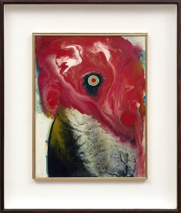 SADAMASA MOTONAGA - Untitled As a member of the legendary Gutai Art Association that flourished between 1954 and 1972, Sadamasa Motonaga emerged when post-atomic surrealist existentialism was at the forefront of artistic development in Japan. Yet he chose a different path. He turned his back on the destruction wrought by the war and created work that was fresh, jubilant, and playful. “Untitled” of 1966 is in his classic style, which developed concurrently with Morris Louis’ so-called ‘Veil’ paintings. It might suggest the brightly lit comb, eye and mottled plumage of a gallinaceous bird, but any such associations are probably arbitrary and unintended. Instead, it is a brilliantly successful display of Motonaga’s avant-garde take on traditional Japanese Tarashikomi — the technique that involves tilting the canvas at different angles to allow mixtures of resin and enamel to flow upon one another before the paint is fully dry.