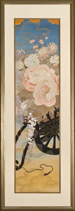 The Meiji Era marks the restoration of Imperial Rule to Japan, after several centuries of government by the samurai class, and the rapid modernization of the country. Between 1639 and 1854 Japan had been closed to foreign contact except through the Dutch and the Chinese in controlled trading stations at Nagasaki.  During this time, the Daimyo, or feudal lords, who each governed a province, sponsored the best artists.  These retained artists had a guaranteed income for life, while others worked independently to provide the same kind of luxury goods for the rich merchant class.  This system allowed skills to develop to a high degree, with apprenticeships for painters, potters, metalworkers, and other artisans often extended over ten years or more, thus allowing the preservation of traditional skills, and the persistence of high quality work.  Rapid Westernization followed the Imperial Restoration which changed the traditional way of life and artists turned their long-established skills to making objects to suit the Western market.  In 1867, the year before the restoration, the government had sent a delegation to the Paris Exposition led by the fourteen-year-old son of the shogun. Independently the great samurai clans of Saga and Satsuma in Kyushu sent deputations carrying ceramics and various antiquities to Paris.  From that time forward, the craze for Japanese wares swept Europe and America.<br><br>The Emperor Meiji, who replaced the last shogun, Tokugawa Yoshinobu, as Head of State, was a man of vision and culture.  He encouraged the adoption of Western customs, fashion, education and industry, and above all the continuation of the traditional arts and crafts of Japan in a form adapted to worldwide tastes and expectations.  The Emperor personally bought many contemporary works of art at a series of Japanese National Industrial Exhibitions.  In 1890 he instituted a system of honorific appointments to the Imperial Household called the Teishitsu Geigei-In or “Imperial Artists”.  These elite artists were commissioned to make pieces for presentation to both Japanese and foreign dignitaries and had the right to mark them with the chrysanthemum Mon, or badge, of the Imperial Family.  <br><br>Japan’s textile industry was one of the first to adopt Western science and technology, and thus the Meiji era produced some of the highest quality silk textiles. The engravings of oil paintings inspired the embroideries, with the artist of the painting and the artist at the textile factory maintaining a close relationship. Japanese embroidery technique goes back more than one thousand years. It originated in China and was eventually introduced to Japan by Korean artisans; around the same time Buddhism entered Japan. In Japan, colored silks were embroidered with long soft stitches in untwisted silk threads. Flowers, birds, bold flowing lines, and abstract motifs are common in Japanese textiles, and the designs achieve a feeling of calm restraint through their spacious distribution. Also characteristic of Japanese textiles is the use of gold and silver thread. The Japanese developed a special method of creating metal threads, in which a layer of gold or silver was deposited on to rice paper, which was then cut into fine strips and wrapped around a thread core.