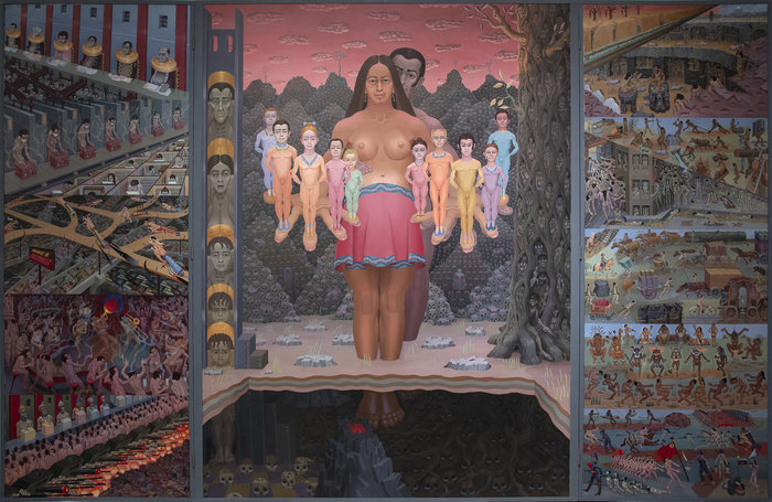 IRVING NORMAN - The Human Condition Irving Norman's masterpiece, "The Human Condition," from 1980, draws upon the artist's lifetime of acquired experiences and knowledge. Surviving as a volunteer fighter during the Spanish Civil War, the artist returned to the United States after the loyalist defeat. Upon his return, fervent studio practice in Half Moon Bay, California, would become his life's devotion.
<br>
<br>The present work, a nearly 16-foot-wide triptych, is reminiscent of Hieronymus Bosch's triptych, "The Garden of Earthly Delights," c. 1510. The dystopian vision portrayed in 'The Human Condition" is a warning - a lesson from the European dictatorships Norman experienced firsthand during the 1930s. Disturbing tableaus show the darkness of humanity and the evil that can rise to prominence when humanity is at its worst. There is hope, however, in the experience of the viewer: Norman thought of his audience as the greatest hope for humankind.