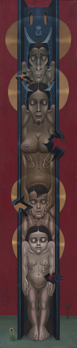 IRVING NORMAN - Totem of a Holy Family IRVING NORMAN - Totem of a Holy Family - oil on canvas - 90 x 19 3/4 in.