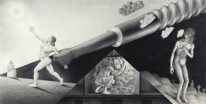 IRVING NORMAN - Women Welders, The Ship - graphite on paper - 14 1/4 x 28 3/8 in.