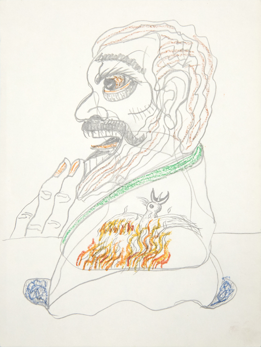 IRVING NORMAN - Untitled (Man with Fire Bird) - graphite and crayon on paper - 12 x 8 7/8 in.