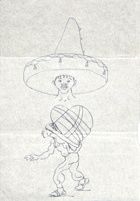 IRVING NORMAN - Untitled (Two Sketches: Man Wearing Hat and Man Carrying Heart) - pen on paper - 9 1/8 x 6 1/4 in.
