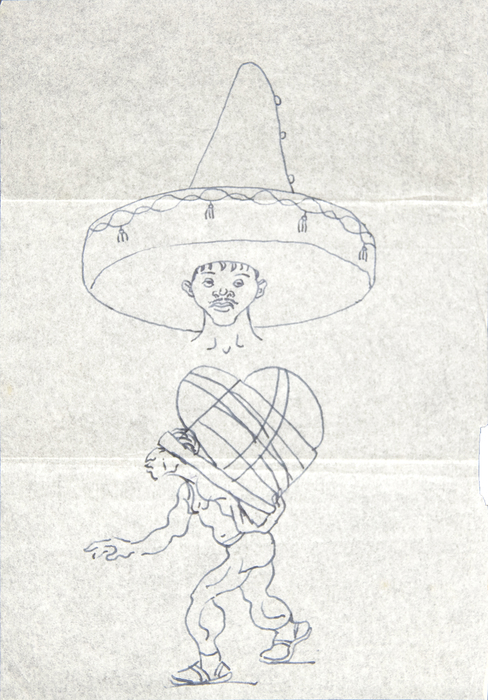 IRVING NORMAN - Untitled (Two Sketches: Man Wearing Hat and Man Carrying Heart) IRVING NORMAN - Untitled (Two Sketches: Man Wearing Hat and Man Carrying Heart) - pen on paper - 9 1/8 x 6 1/4 in.