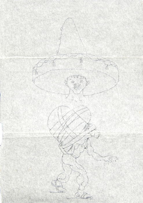 IRVING NORMAN - Untitled (Two Sketches: Man Wearing Hat and Man Carrying Heart) - pen on paper - 9 1/8 x 6 1/4 in.