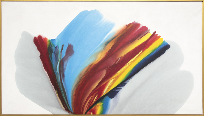 PAUL JENKINS - Untitled Paul Jenkins is renowned for his technique of controlled paint pouring and use of translucent colors. His paintings drew upon a wide range of philosophies from Gurdjieff to Goethe, Jung to Zen Buddhism, astrology to alchemy. Jenkins remarked of his painting process, “I try to paint like a crapshooter throwing dice, utilizing past experience and my knowledge of the odds. It’s a big gamble, and that’s why I love it.” A combination of chance and control (Jenkins used a dull ivory knife to guide the paint) reveals paintings of dazzling depth and beauty with their sinuous seams and arcs of phenomenal colors.
<br>
<br>Jenkins primed his canvas so that unlike those of other Color Field artists, the paint did not soak in and instead, flowed and pooled – perhaps best exemplified in this large-scale painting with gem-like colors. Whether oil, acrylic, or watercolor, Jenkins displayed a mastery over these media so that both the process and the product are united.