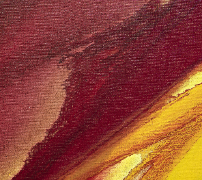 PAUL JENKINS - Untitled Paul Jenkins is renowned for his technique of controlled paint pouring and use of translucent colors. His paintings drew upon a wide range of philosophies from Gurdjieff to Goethe, Jung to Zen Buddhism, astrology to alchemy. Jenkins remarked of his painting process, “I try to paint like a crapshooter throwing dice, utilizing past experience and my knowledge of the odds. It’s a big gamble, and that’s why I love it.” A combination of chance and control (Jenkins used a dull ivory knife to guide the paint) reveals paintings of dazzling depth and beauty with their sinuous seams and arcs of phenomenal colors.
<br>
<br>Jenkins primed his canvas so that unlike those of other Color Field artists, the paint did not soak in and instead, flowed and pooled – perhaps best exemplified in this large-scale painting with gem-like colors. Whether oil, acrylic, or watercolor, Jenkins displayed a mastery over these media so that both the process and the product are united.
