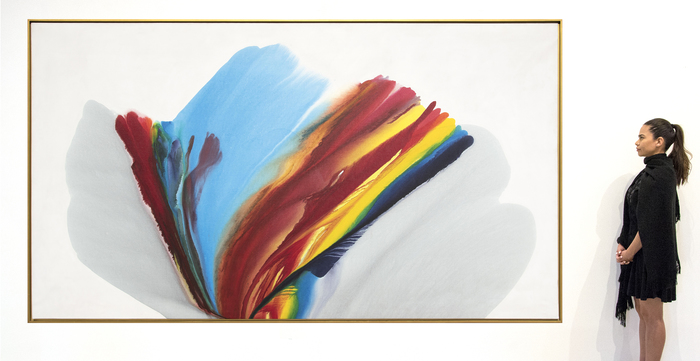 PAUL JENKINS - Untitled Paul Jenkins is renowned for his technique of controlled paint pouring and use of translucent colors. His paintings drew upon a wide range of philosophies from Gurdjieff to Goethe, Jung to Zen Buddhism, astrology to alchemy. Jenkins remarked of his painting process, “I try to paint like a crapshooter throwing dice, utilizing past experience and my knowledge of the odds. It’s a big gamble, and that’s why I love it.” A combination of chance and control (Jenkins used a dull ivory knife to guide the paint) reveals paintings of dazzling depth and beauty with their sinuous seams and arcs of phenomenal colors.
<br>
<br>Jenkins primed his canvas so that unlike those of other Color Field artists, the paint did not soak in and instead, flowed and pooled – perhaps best exemplified in this large-scale painting with gem-like colors. Whether oil, acrylic, or watercolor, Jenkins displayed a mastery over these media so that both the process and the product are united.