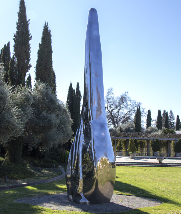 Not Vital - Tongue "Tongue" (2008) is a contemporary take on biomorphic abstraction, which was first popularized in the first quarter of the 20th century by artists including Jean Arp and Joan Miro. The work measures an astounding 26 feet tall and utilizes Not Vital's signature highly finished and highly polished aesthetic sense to great effect. The sculpture seems to absorb its surroundings with its mirror-like surface, an apparent contradiction because it is a modern material.
<br>
<br>The cow tongue is a particular subject of interest for the artist, as he was licked by one once, an experience he describes as alien and shocking. Tongues are tools for tasting, a sensory experience, much like the experience of seeing a sculpture.
<br>
<br>"Tongue" has remained in the same private collection since the creation of the work. Another example of "Tongue" (which was created in an edition of 3) was shown to great acclaim at the Yorkshire Sculpture Park in the United Kingdom, 21 May 2016 - 1 January 2017. Non Vital is represented in numerous museum collections including, the Bibliothèque Nationale, Paris, France, The Museum of Modern Art (MoMA), New York, The Solomon R. Guggenheim Museum, New York, USA.