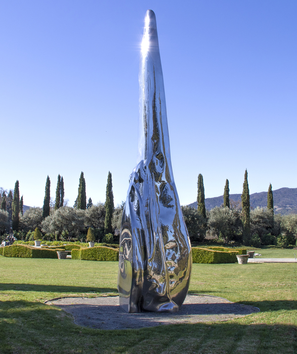 Not Vital - Tongue "Tongue" (2008) is a contemporary take on biomorphic abstraction, which was first popularized in the first quarter of the 20th century by artists including Jean Arp and Joan Miro. The work measures an astounding 26 feet tall and utilizes Not Vital's signature highly finished and highly polished aesthetic sense to great effect. The sculpture seems to absorb its surroundings with its mirror-like surface, an apparent contradiction because it is a modern material.
<br>
<br>The cow tongue is a particular subject of interest for the artist, as he was licked by one once, an experience he describes as alien and shocking. Tongues are tools for tasting, a sensory experience, much like the experience of seeing a sculpture.
<br>
<br>"Tongue" has remained in the same private collection since the creation of the work. Another example of "Tongue" (which was created in an edition of 3) was shown to great acclaim at the Yorkshire Sculpture Park in the United Kingdom, 21 May 2016 - 1 January 2017. Non Vital is represented in numerous museum collections including, the Bibliothèque Nationale, Paris, France, The Museum of Modern Art (MoMA), New York, The Solomon R. Guggenheim Museum, New York, USA.