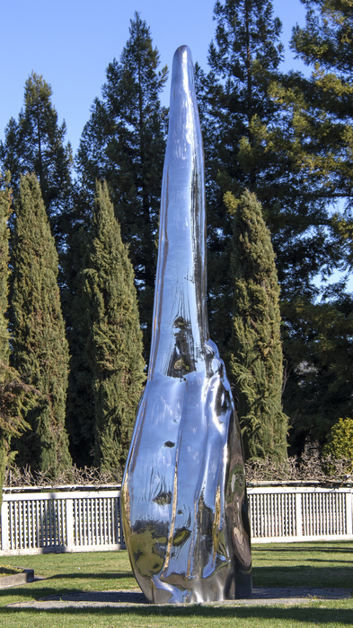 Not Vital - Tongue "Tongue" (2008) is a contemporary take on biomorphic abstraction, which was first popularized in the first quarter of the 20th century by artists including Jean Arp and Joan Miro. The work measures an astounding 26 feet tall and utilizes Not Vital's signature highly finished and highly polished aesthetic sense to great effect. The sculpture seems to absorb its surroundings with its mirror-like surface, an apparent contradiction because it is a modern material.
<br>
<br>The cow tongue is a particular subject of interest for the artist, as he was licked by one once, an experience he describes as alien and shocking. Tongues are tools for tasting, a sensory experience, much like the experience of seeing a sculpture.
<br>
<br>"Tongue" has remained in the same private collection since the creation of the work. Another example of "Tongue" (which was created in an edition of 3) was shown to great acclaim at the Yorkshire Sculpture Park in the United Kingdom, 21 May 2016 - 1 January 2017. Non Vital is represented in numerous museum collections including, the Bibliothèque Nationale, Paris, France, The Museum of Modern Art (MoMA), New York, The Solomon R. Guggenheim Museum, New York, USA.