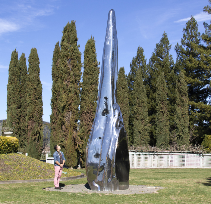 Not Vital - Tongue "Tongue" (2008) is a contemporary take on biomorphic abstraction, which was first popularized in the first quarter of the 20th century by artists including Jean Arp and Joan Miro. The work measures an astounding 26 feet tall and utilizes Not Vital's signature highly finished and highly polished aesthetic sense to great effect. The sculpture seems to absorb its surroundings with its mirror-like surface, an apparent contradiction because it is a modern material.
<br>
<br>The cow tongue is a particular subject of interest for the artist, as he was licked by one once, an experience he describes as alien and shocking. Tongues are tools for tasting, a sensory experience, much like the experience of seeing a sculpture.
<br>
<br>"Tongue" has remained in the same private collection since the creation of the work. Another example of "Tongue" (which was created in an edition of 3) was shown to great acclaim at the Yorkshire Sculpture Park in the United Kingdom, 21 May 2016 - 1 January 2017. Non Vital is represented in numerous museum collections including, the Bibliothèque Nationale, Paris, France, The Museum of Modern Art (MoMA), New York, The Solomon R. Guggenheim Museum, New York, USA.