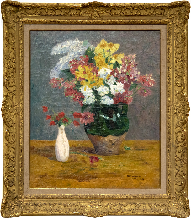 HENRI MANGUIN - Bouquets de fleurs "Bouquets de Fleurs" (1901) is a glowing Post-Impressionist still life. As the revolutionary wave of Impressionism receded from its apex, artists such as Henri Manguin, Henri Matisse, Kees van Dongen, Louis Valtat, and others emerged as part of the new avant-garde in Europe. These “Fauves,” or roughly translated “wild beasts,” would attack their canvases with a bold and vibrant new palette. This completely new way of painting was not initially celebrated by critics, or the artistic elite, but is today recognized among the most innovative and original artistic movements of the 20th Century.
<br>
<br>The present work, painted just before the revolution of Fauvism took hold, demonstrates a critical transitionary period in Modern Art. The subject is depicted with a masterful compositional sense and attention to spatial relationships. Manguin’s competency in composition would allow him to experiment freely with color during the first decade of the 20th Century. The slightly later but comparable Manguin still life “Flowers” (1915) is in the permanent collection of the Hermitage Museum, St. Petersburg, Russia.