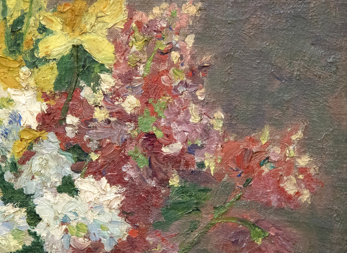 HENRI MANGUIN - Bouquets de fleurs "Bouquets de Fleurs" (1901) is a glowing Post-Impressionist still life. As the revolutionary wave of Impressionism receded from its apex, artists such as Henri Manguin, Henri Matisse, Kees van Dongen, Louis Valtat, and others emerged as part of the new avant-garde in Europe. These “Fauves,” or roughly translated “wild beasts,” would attack their canvases with a bold and vibrant new palette. This completely new way of painting was not initially celebrated by critics, or the artistic elite, but is today recognized among the most innovative and original artistic movements of the 20th Century.
<br>
<br>The present work, painted just before the revolution of Fauvism took hold, demonstrates a critical transitionary period in Modern Art. The subject is depicted with a masterful compositional sense and attention to spatial relationships. Manguin’s competency in composition would allow him to experiment freely with color during the first decade of the 20th Century. The slightly later but comparable Manguin still life “Flowers” (1915) is in the permanent collection of the Hermitage Museum, St. Petersburg, Russia.
