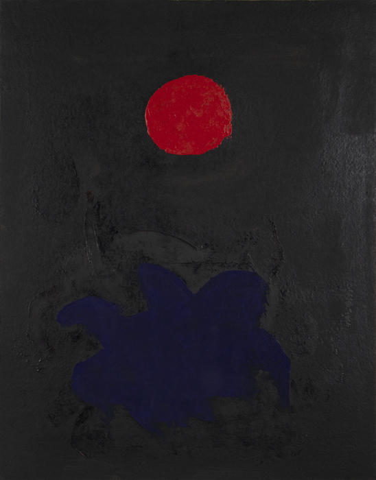 Gottlieb was a first-generation member of the Abstract Expressionists. “Blue on Black” is from his trademark “Burst” series. Like fellow Ab Ex artists including Pollock who settled into their signature style late in their careers, it was not until 1956 that Gottlieb focused on these burst paintings.<br><br>This painting showcases the lyricism that he found within the “Burst” paintings by simplifying color and form. In this painting, the shapes and color coalesce to produce harmony and depth within the visual landscape of the canvas.<br><br>Gottlieb had an amazing 56 solo exhibitions during his long career and his works are included in over 140 museums throughout the world.